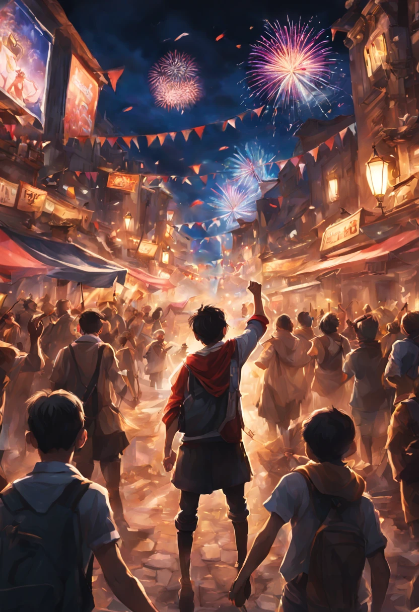 Prompt #4:
The hero's triumphant return to a city in another world, realistic celebratory crowd scene, detailed expressions of joy and admiration, vibrant banners and magical fireworks in the sky, Canon EOS R3, Focal length 24mm