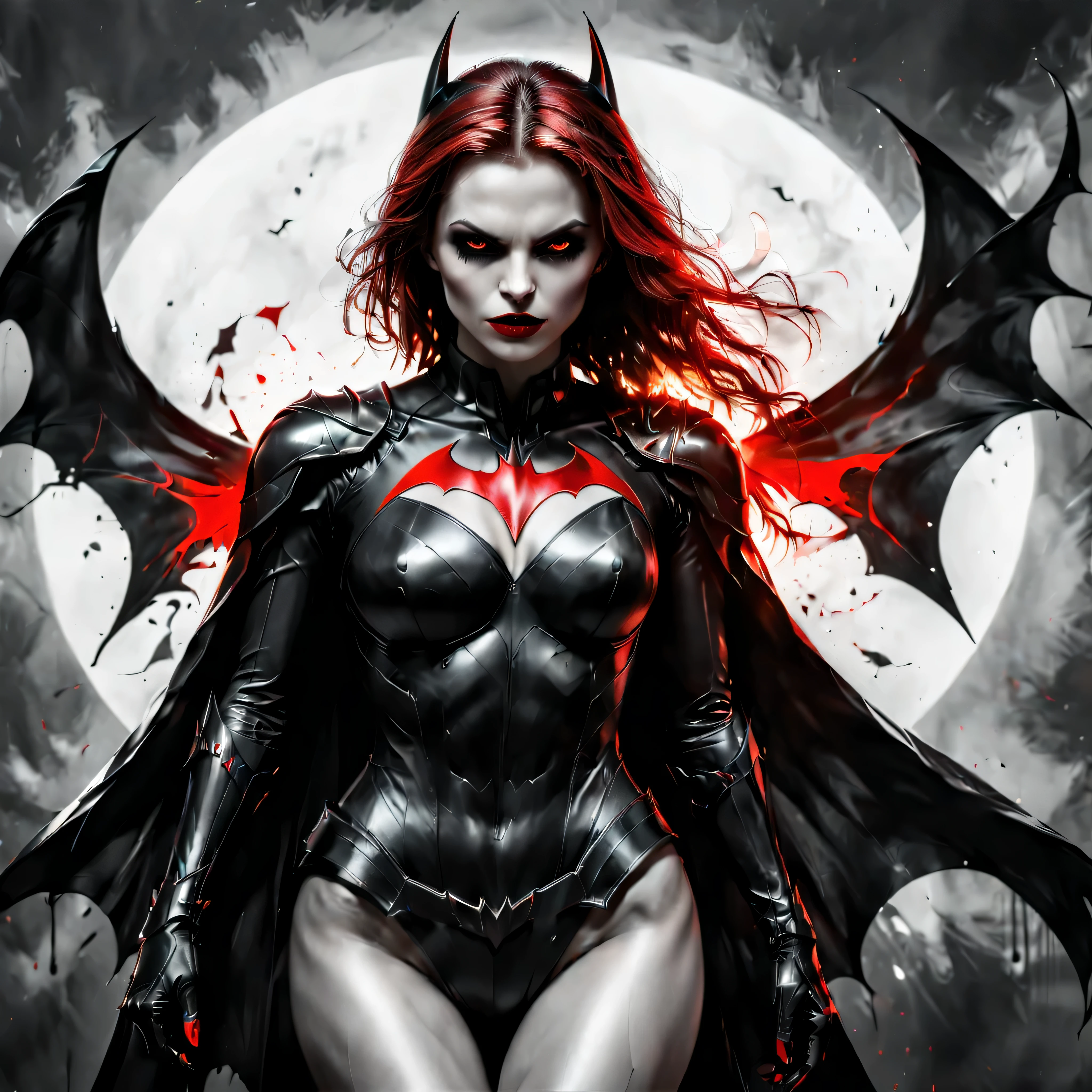 ((Full body):1.2),((Selective color):1.1), Drawing of a Female Vampire in Batgirl Costume with Red Eye, smooth lines, fine art piece, Express expressions and postures through ink contrast, emphasize light, shadow and space. figurative art, (best quality, 4K, 8k, high resolution,masterpiece:1.2) ,(actual, photoactual, photo-actual:1.37). 