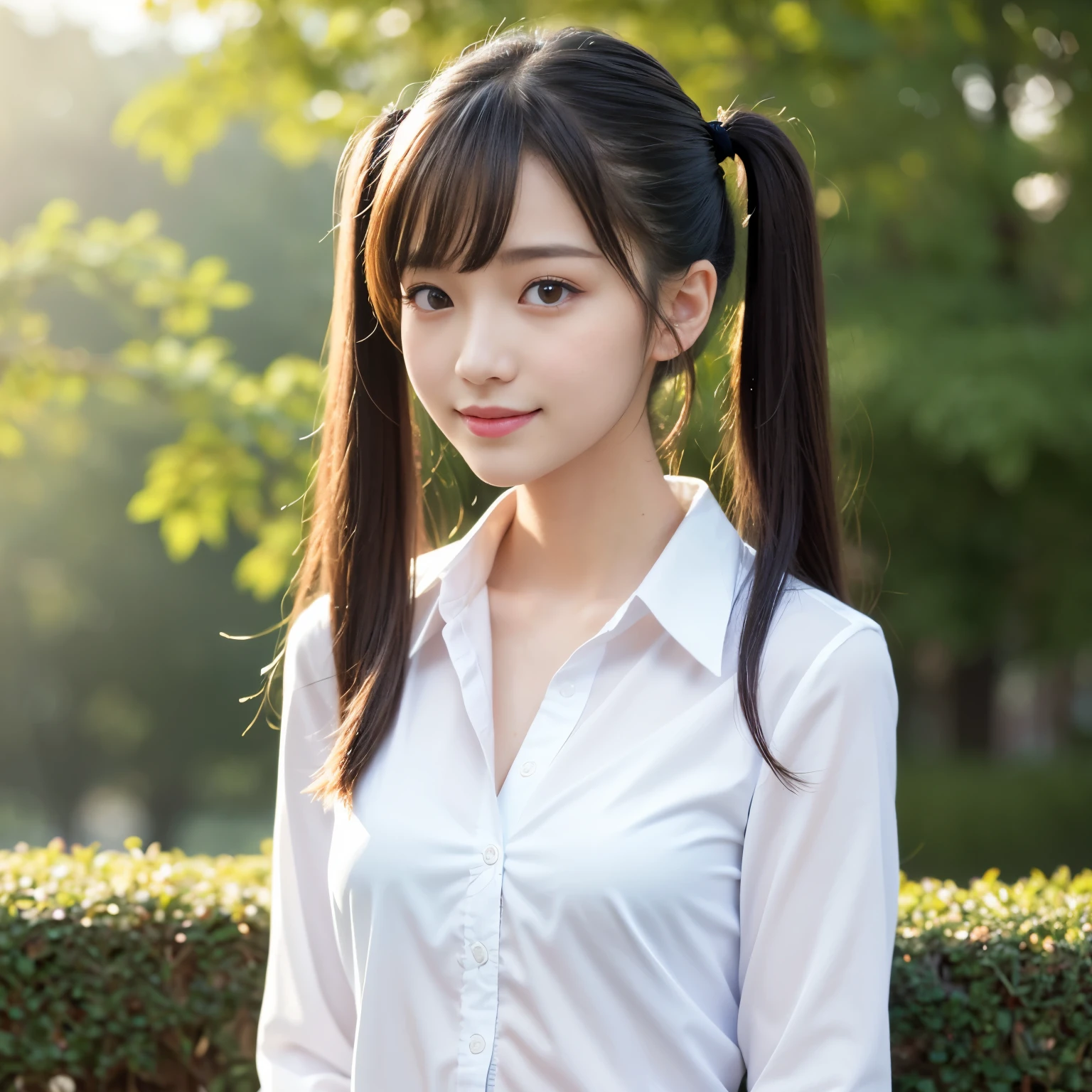 (highest quality、table top、8k、best image quality、Award-winning work)、One cute high school girl、alone、perfect beautiful composition、(Uniform shirt with full chest opening:1.1)、(unbutton your shirt、fully exposes small naked breasts:1.5)、(Perfect thick wave side twin tails:1.3)、(bangs:1.1)、slender body、(A shy smile looks at me:1.1)、(strongly blurred park background:1.1)、natural makeup、Ultra high definition beauty face、ultra high definition hair、Super high-definition sparkling eyes、(Pure white skin that shines with ultra-high resolution:1.1)、Super high resolution glossy lips、accurate anatomy、ultra high definition hair、(very bright:1.1)