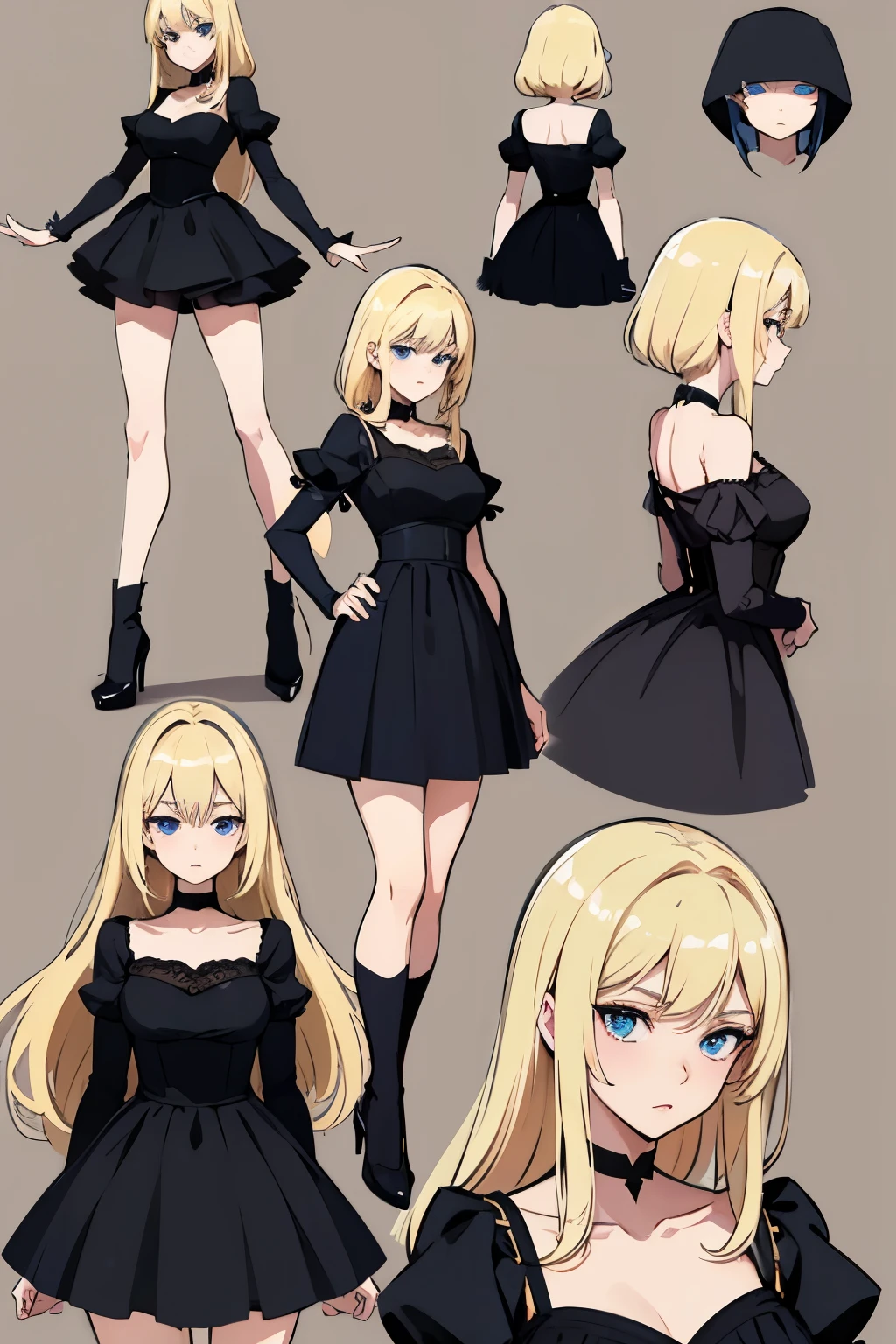 pose model sheet, blonde, blue eyes, black dress, hero pose, looking forward, best quality, masterpiece, anime girl