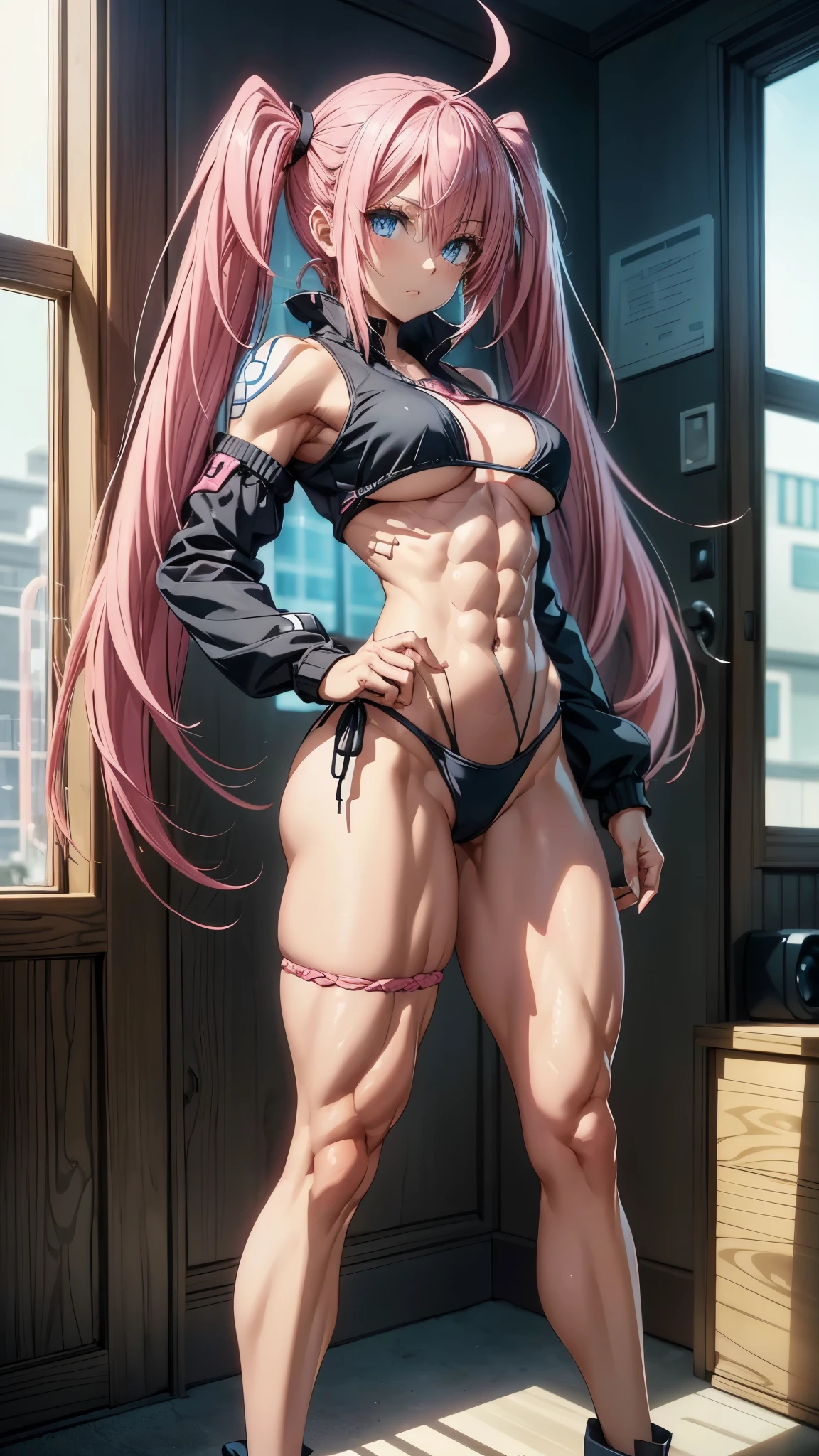 (1 girl), medium breasts, (wearing very sexy short bikini), (Long pink hair), ((twintails)), (((blue eyes))), thin arms, (in motel room), (waist thin), (((muscular legs) ))), muscular belly, wearing a red high-heeled shoe, (((Standing))), long eyes, Bad mood, eye reflection, anime, anime style, ray tracing , reflection, drop shadow , panorama, Sony FE, 8K, UDisk, artwork, Accurate, anatomically correct, Super detail, best quality, ultra-high resolution, hard drive, 16K