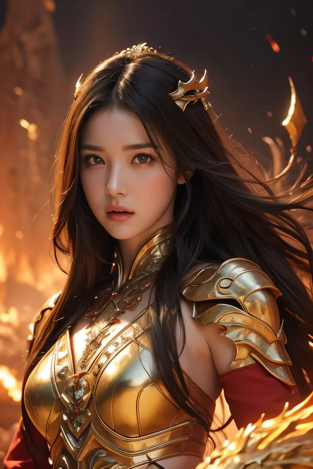 {{master piece}}, pinnacle rendering, realistic rendering, dark red rendering, metal rendering, {{color ink painting}}}, {{splash ink}}}, {{color}}, {{color}}, gorgeous rendering, best quality, illustration, flame, smoke, doomsday world, splash ink fire sea doomsday, full body, 1 girl, facial mix of phoebe cates, large breast, deep cleavage, exquisite facial details, delicate facial features, real face, beautiful details eyes, deep pupils, broken city details, beautiful details long hair, wavy hair, broken detail street, transparent mechanical core, cyborg girl, detail, cool, tight grooming, lace finishing, linear light costume retouching, light rendering, reflection, highlight, holy light, confidence, charm, battle stance detail close-up, fire day, {filigree}, colored background, a dragon stands behind the girl, sea of fire, {tornado special effects}, beautiful details red dragon armor, (cold face, confident) great depth, depth of field, 360° panoramic picture, fierce and magnificent battle scenes, broken mirrors, fingers all hidden and not displayed, small mouth closed