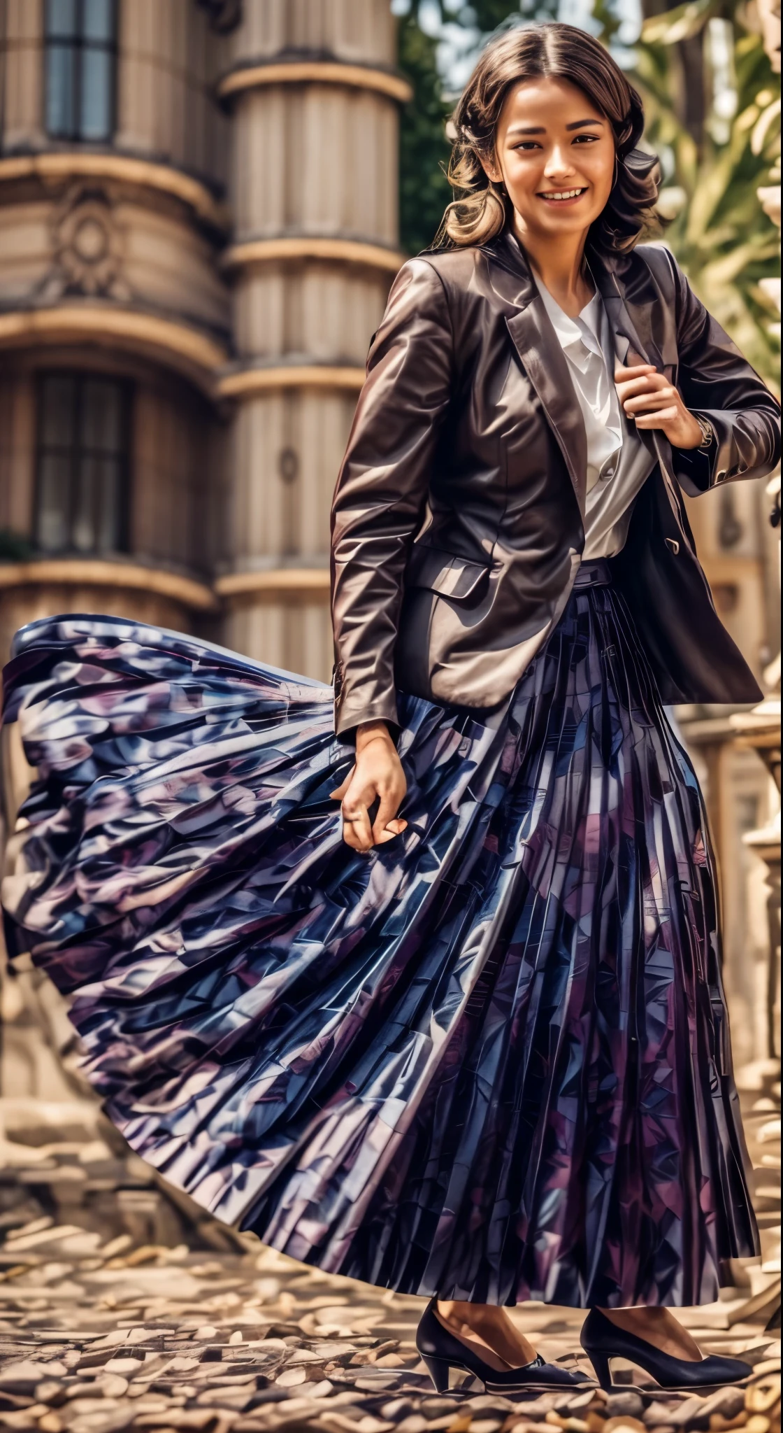 A smiling, authentic, (shy:1,3), kind, beautiful woman, is passionately in love with her skirt, sitting down on the gound while wind lifts her skirt, wearing short blazer and very very detailed (long (fully pleated) full circle skirt) and (low heeled court shoes), very very intricate hyper-detailed symmetric (attractive graceful young feminine face) with (sad, tired eyes and a loving smile), large breasts, full of empathy and compassion and love, (pronounced (feminine) features), (highly detailed ultra accurate realistic) hands and fingers, (windy), epic composition, highly detailed attributes, (35mm f1.4 Kodak portra 400 photograph), extremely high quality RAW photograph, highly detailed atmosphere, sci-fi, cinematic shot, dynamic lighting, 75mm, Technicolor, Panavision, cinemascope, sharp focus, fine details, 8k, HDR, realism, realistic, key visual, film still, superb cinematic color grading, depth of field