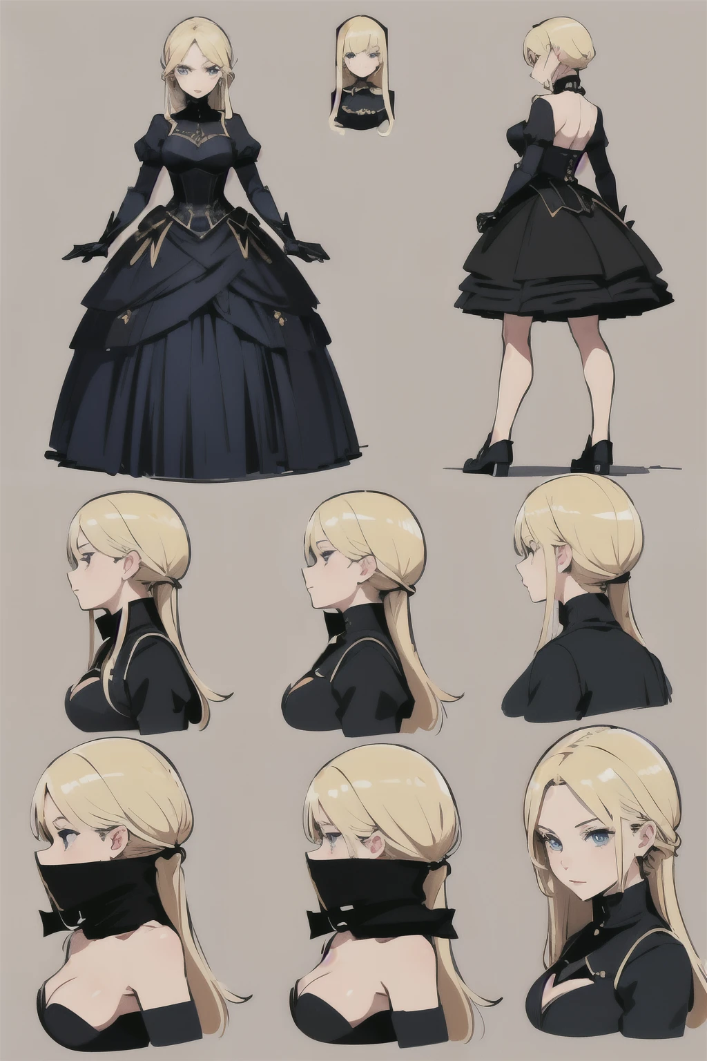 pose model sheet, blonde, blue eyes, black dress, hero pose, looking forward, best quality, masterpiece, anime girl