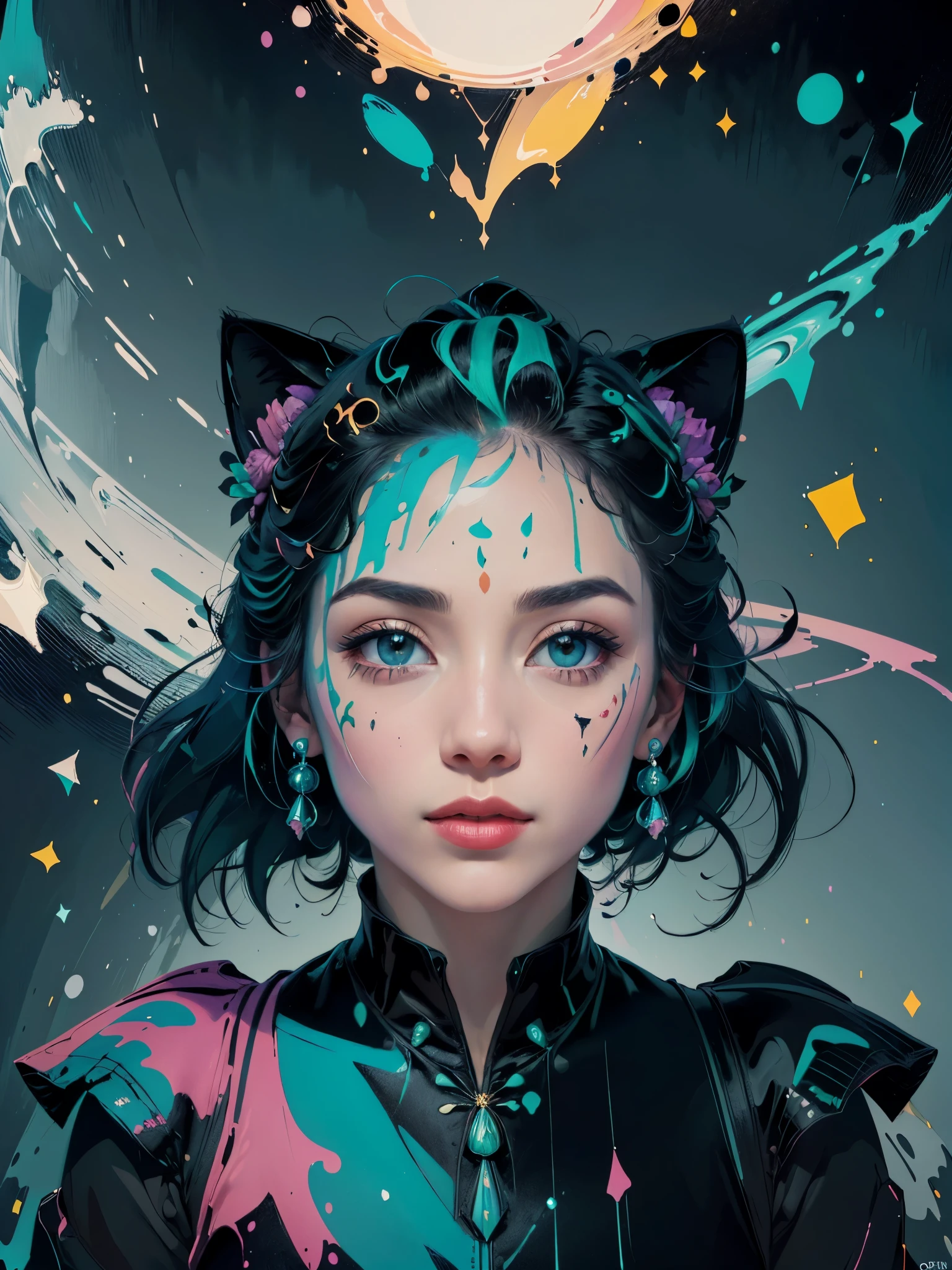 (corpo inteiro), Olhando para frente, It's very detailed,(gato),simetria central, Extremamente colorido, The main thing is very (galaxy roses), Mais detalhado, (fundos abstratos:1.5), (muitas cores:1.4), (fotorrealista:1.2), (profundidade de campos), ((melhor qualidade,4k,8K,A high resolution, obra de arte:1.2)),