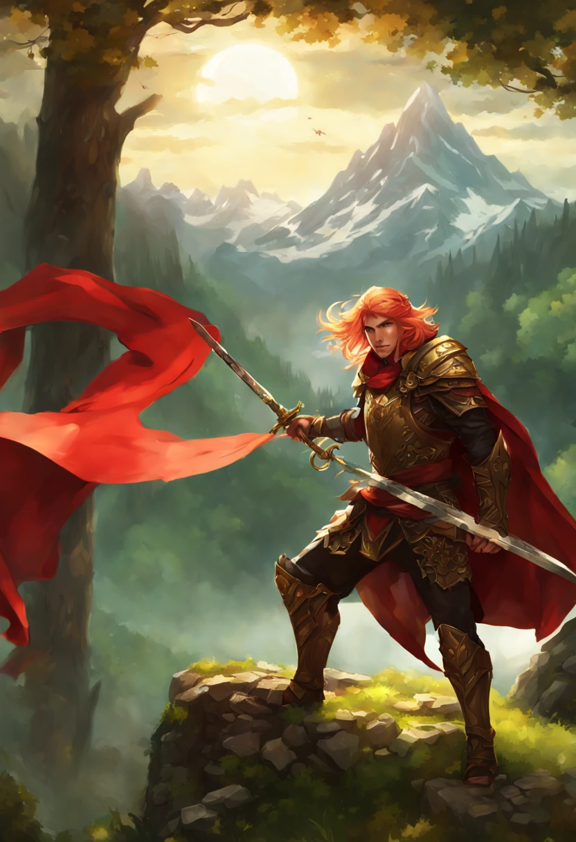 [(warm fantasy setting: intricate otherworldly landscape:1.2) ::0.3], (masterwork:1.4), (1male, heroic stance, confident expression), [flowing crimson cape:intricate armor:0.7], (glowing longsword:1.2), [long blonde haiery red hair:0.5], (radiant sky:1.1), (majestic mountains:0.9), (lush forest:1.1), (medieval village:0.8), sharp green eyes, courageous gaze, proud smirk, rugged features, stubble beard, looking at viewer, heroic warrior