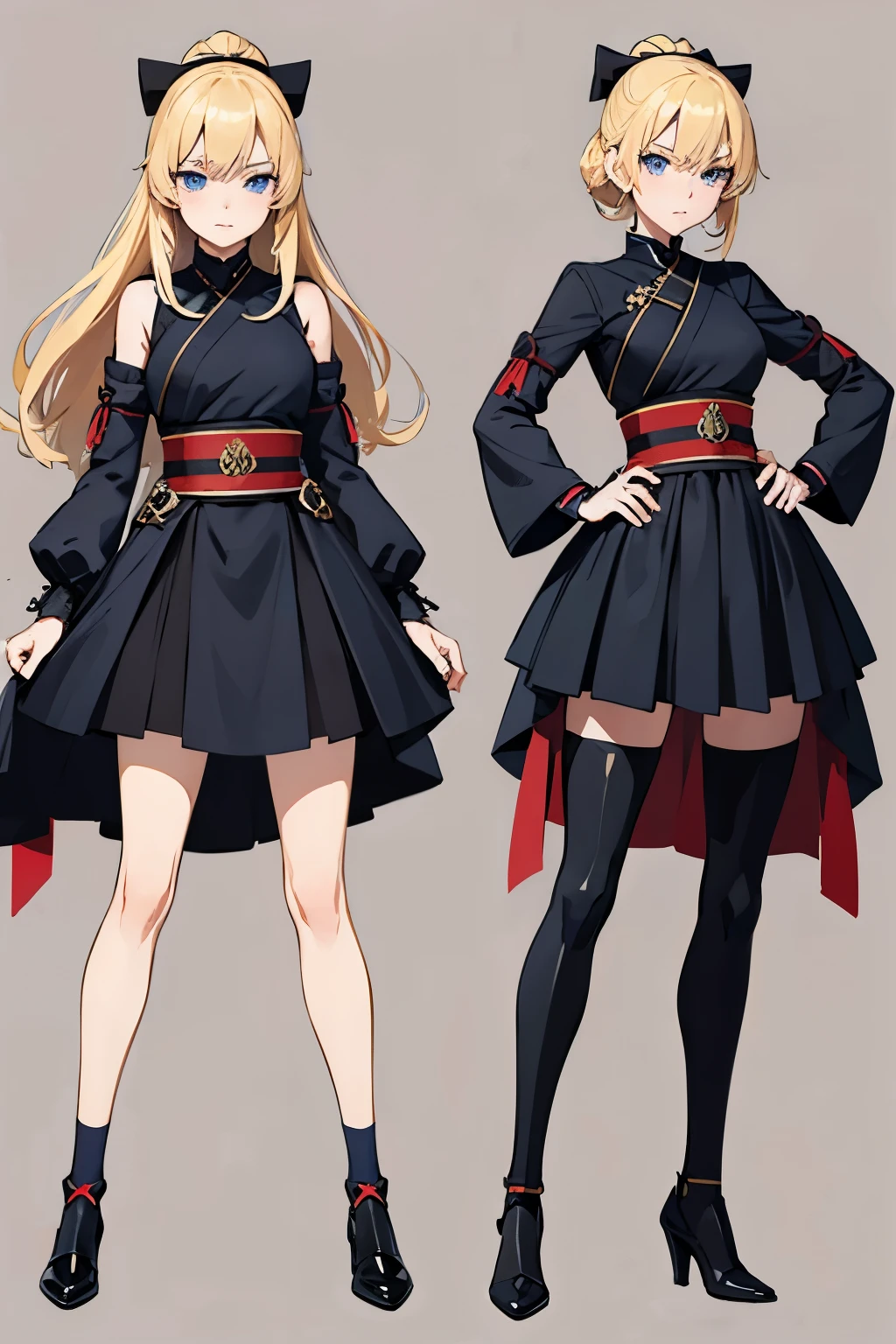 pose model sheet, blonde, blue eyes, black dress, hero pose, looking forward, best quality, masterpiece, anime girl, samurai girl