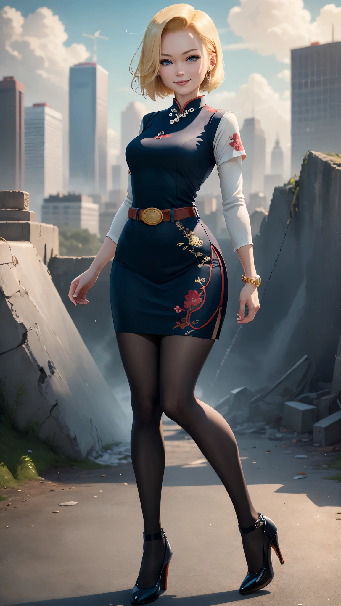 best quality, highres, and18, 1girl, android 18, solo girl, blonde hair, blue eyes, belt, black high heels, long red qipao dress with golden embroidery, pearl necklace, short hair, medium breasts, cowboy shot, city view, straight-on, (weather: windy), cute smile, full length pantyhose, battle ruins,