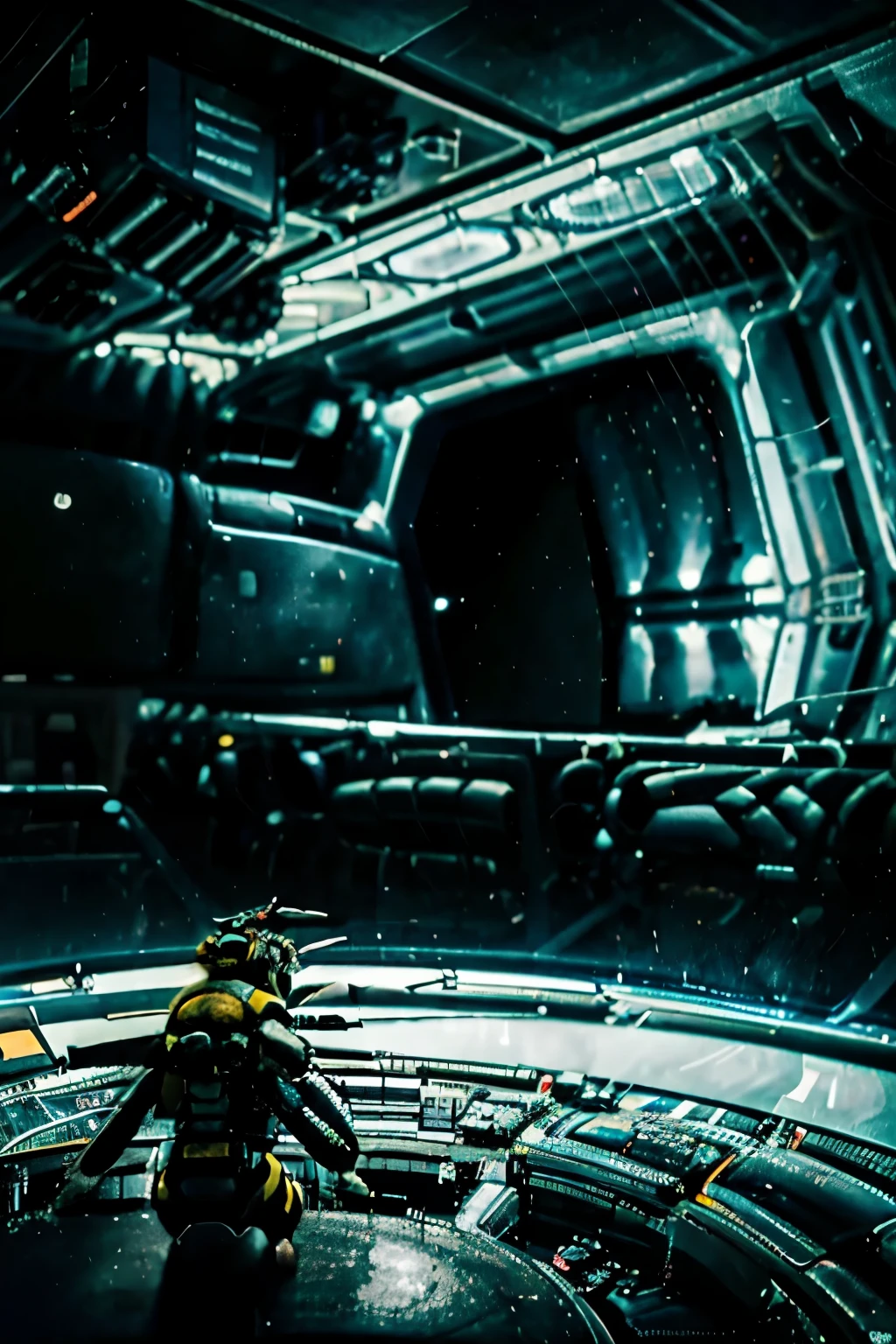 (anthropomorphic bee alien talking to 3 people in a spaceship bridge), photo realistic, space station interior scene, futuristic space ship, hyper realistic alien bug officer, 1 meter tall bee talking 2 futuristic crew members, (3 crew members talking to bee alien)