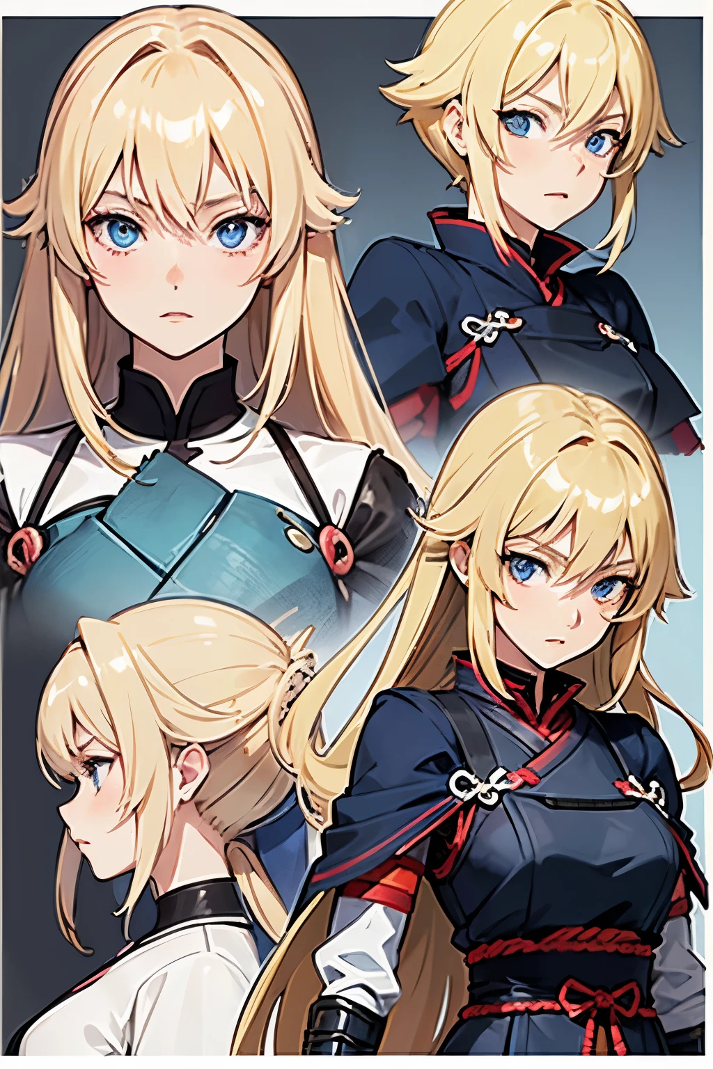 pose model sheet, blonde, blue eyes, hero pose, looking forward, best quality, masterpiece, anime girl, samurai girl