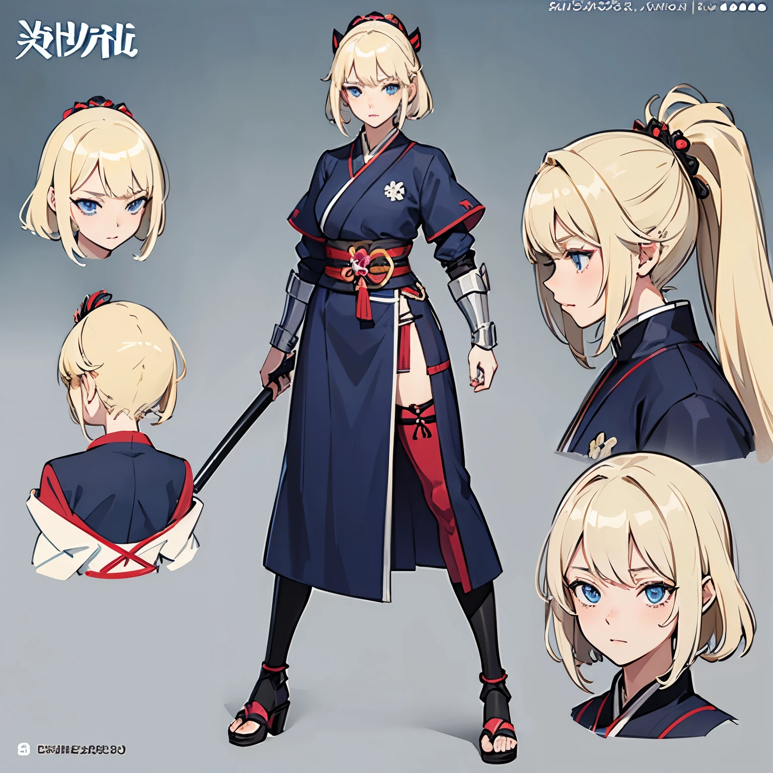 pose model sheet, blonde, blue eyes, looking forward, best quality, masterpiece, anime girl, samurai girl