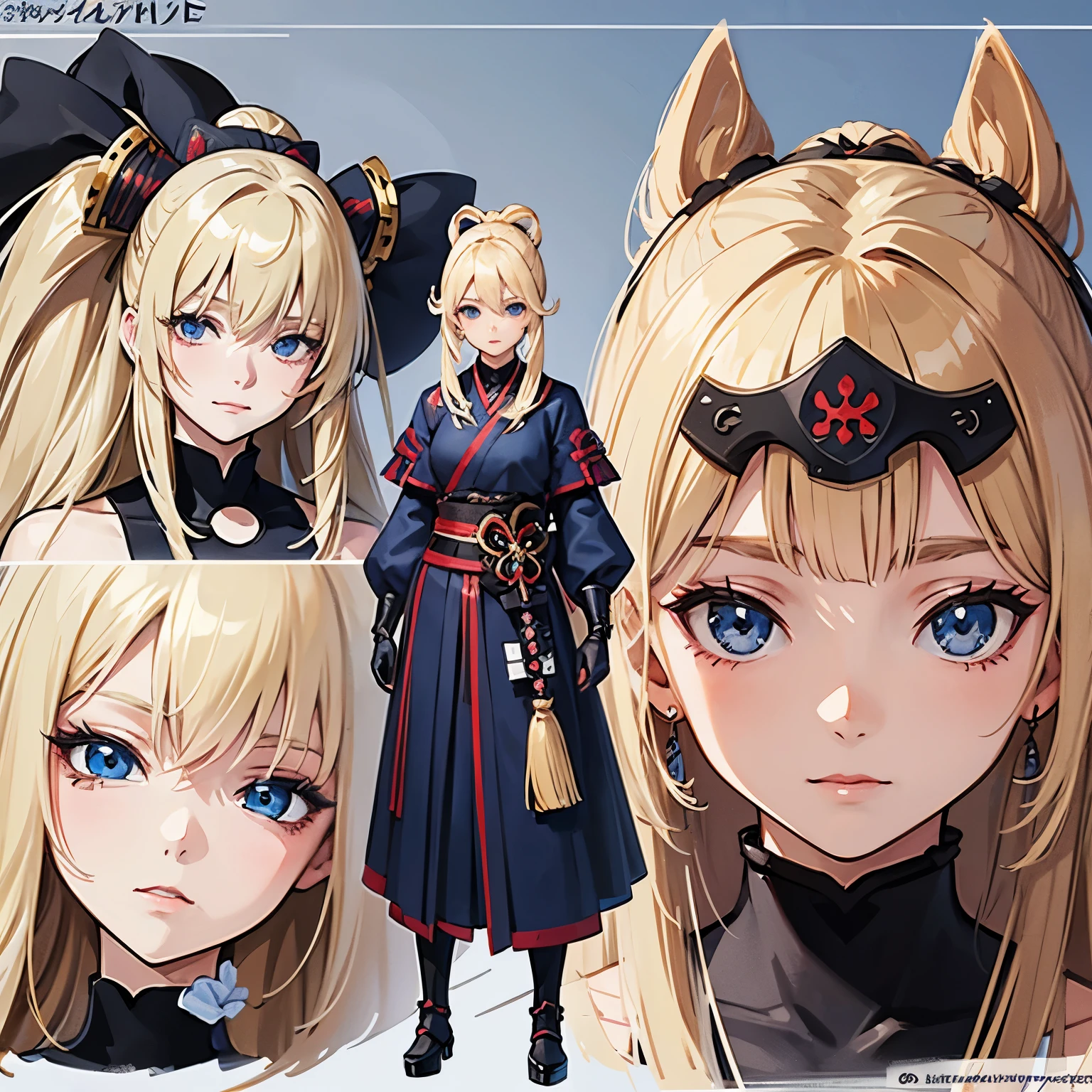 pose model sheet, blonde, blue eyes, looking forward, best quality, masterpiece, anime girl, samurai girl