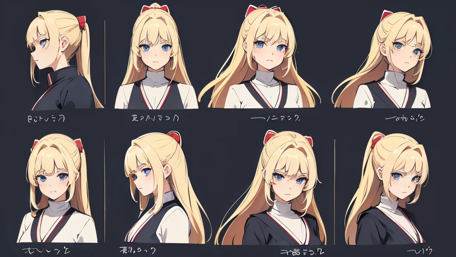 pose model sheet, blonde, blue eyes, hero pose, looking forward, best quality, masterpiece, anime girl, samurai girl