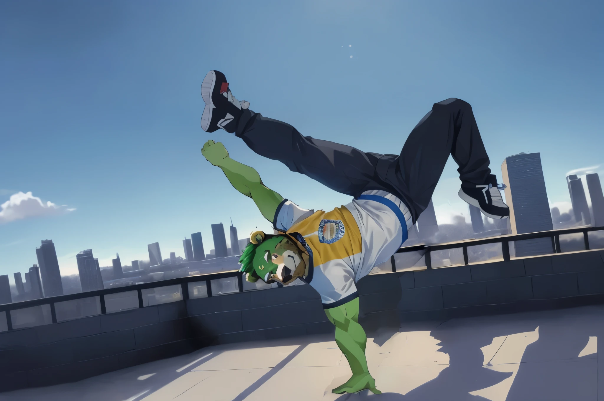 jinpei doing a handstand on a roof with a city in the background, lucio from overwatch, murdoc niccals, as a character in tekken, epic angle and pose, as a fortnite character, neymar in gta v, gorillaz style, jacksepticeye as a muppet, breakdancing, as an overwatch character, posing as a jojo character, furry, furry bear, green fur