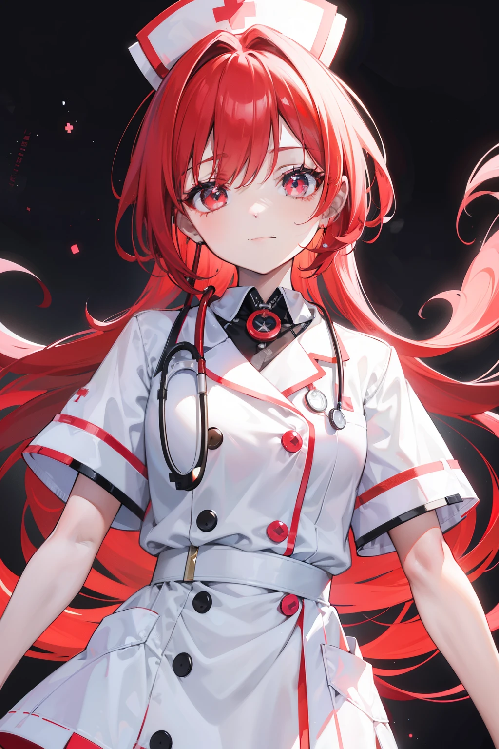 Masterpiece, best quality, 1 chibi nurse, red hair, smiling, abstract background, hyper-realistic 3D rendering, vibrant colors, nurse uniform, stethoscope around neck. The nurse's expression radiantly gleams with warmth and compassion as she gazes off into the distance, creating a captivating contrast against the chaotic yet harmonious backdrop. The intricate details of her uniform, including the tiny buttons and intricate patterns, add an extra layer of depth and realism to the illustration. The abstract background, adorned with a myriad of colors and shapes, complements the simplicity of the nurse's design, showcasing a harmonious blend of