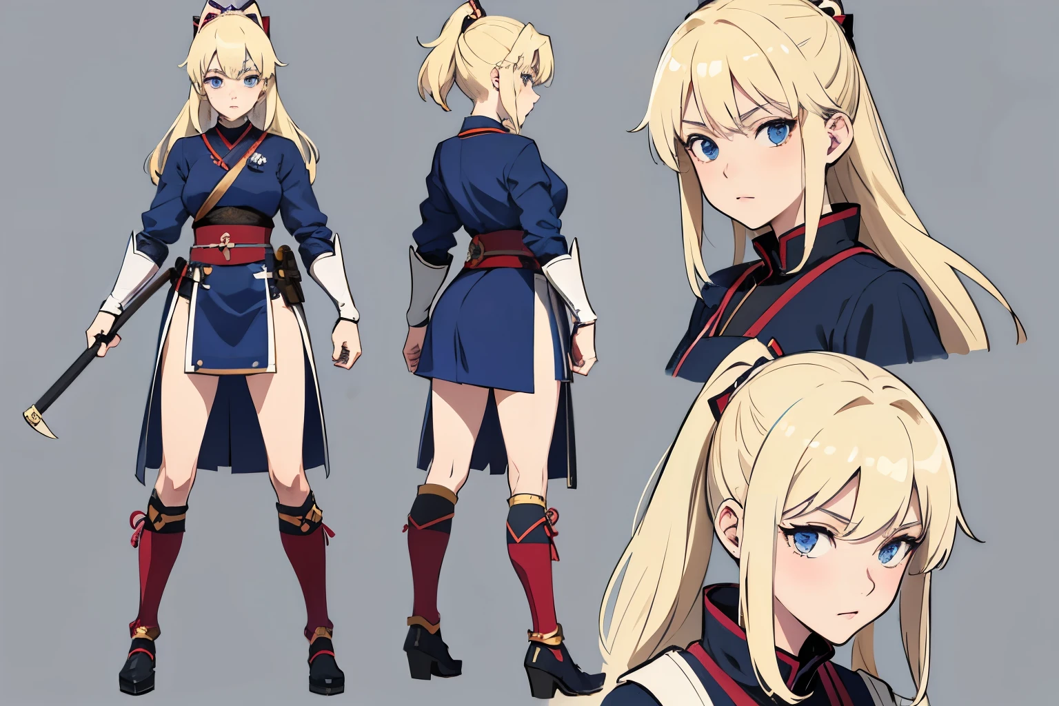 pose model sheet, blonde, blue eyes, hero pose, looking forward, best quality, masterpiece, anime girl, samurai girl