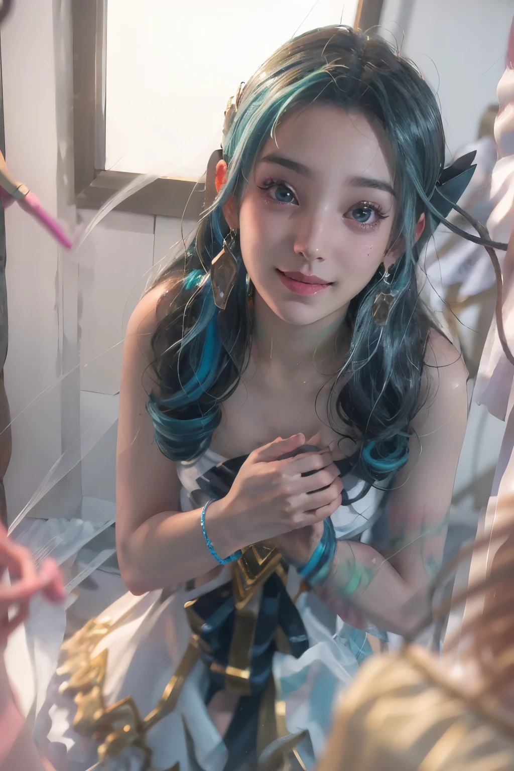 NSFW, sem roupa. (ultra realista) , (illustration), (Increase resolution), (8K), (extremamente detalhado), (best illustration), (lindos olhos detalhados), (melhor qualidade), (ultra-detalhado), (obra de arte), (papel de parede), (rosto detalhado), Sozinho,1 garota, olhando para os espectadores, detalhes delicados, rosto detalhados, No escuro, sombra profunda, sutil,pureerosfaceace_v1, sorriso, Gwen League of Legends, Cabelo curvo azul. Sem roupa. Fundo escuro, sombra sutil. 