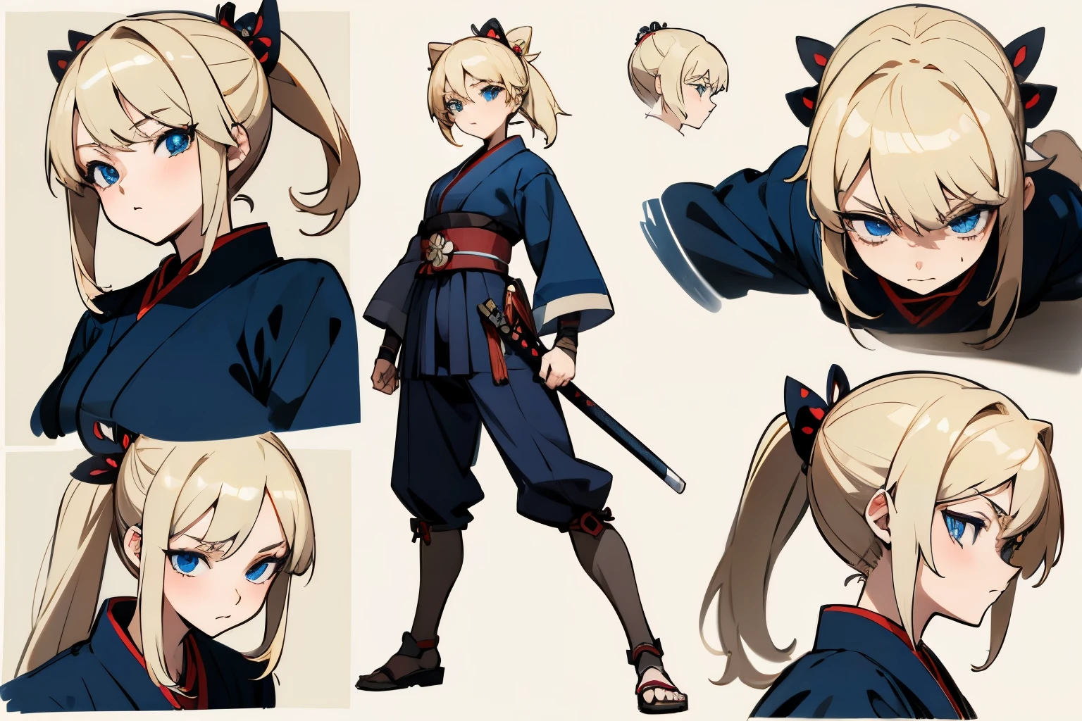 pose model sheet, blonde, blue eyes, hero pose, looking forward, best quality, masterpiece, anime girl, samurai girl