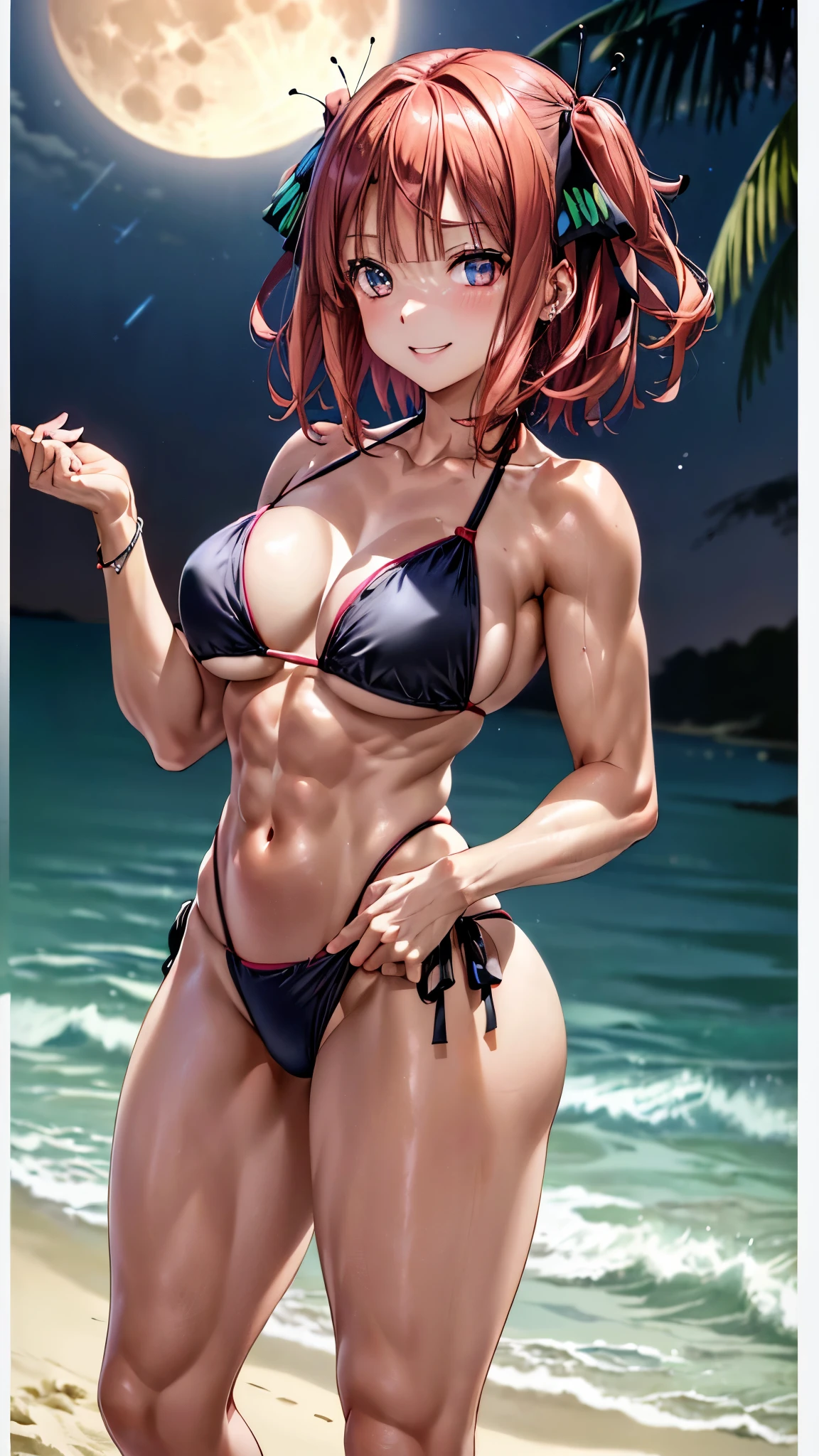 (((Nino Nakano)))、Pink and short shoulder length hair, reddish orange hair,、butterfly hair ornament, (Dark blue eyes, )、Huge breasts、(very short black bikini)、(red blush: 1 )、( ((is standing)))、earring、A smile、(sexy), muscular legs, muscular belly, bare feet, nails with hints of pink, (he is showing me his big ass), (photo of full body), (((on the beach at night with stars in the sky and full moon))), glowing eyes, eye reflection, evil smile, Bad mood, anime, anime style, ray tracing, Glow, Bright light, shadow designed, panorama, Sony FE, High definition, artwork, Accurate, anatomically correct, Textured Skin, Super detail, high resolution, high definition, 16K