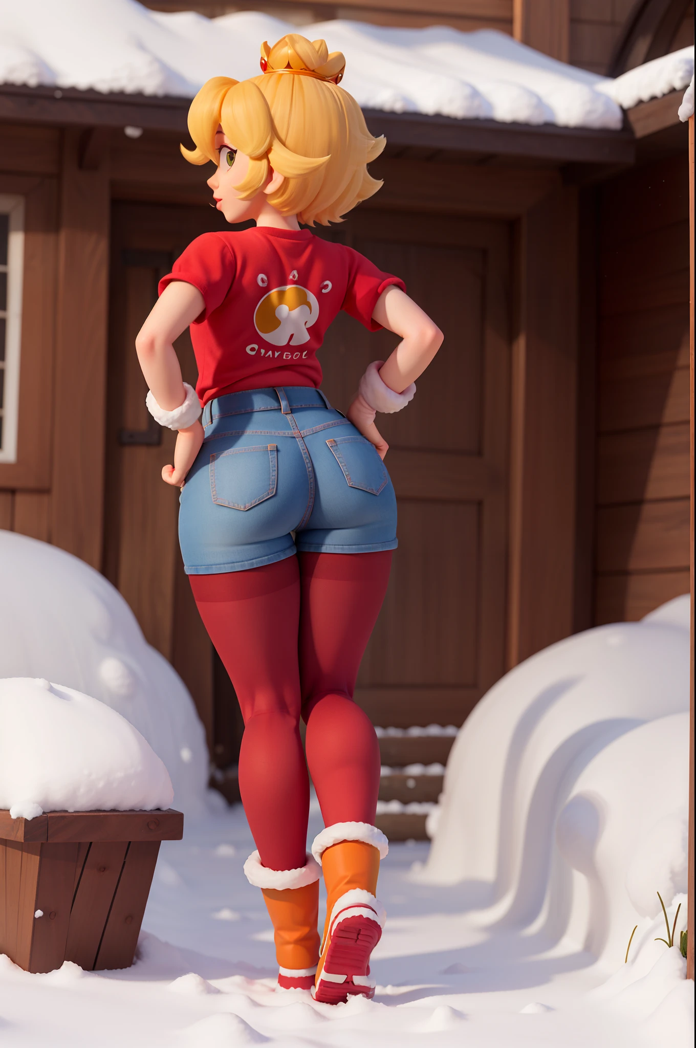 princess peach,short yellow hair,velvet red short yoga pants,t-shirt,thick thighs, thin hips,in the outdoor,standing,focus back,snow boots
