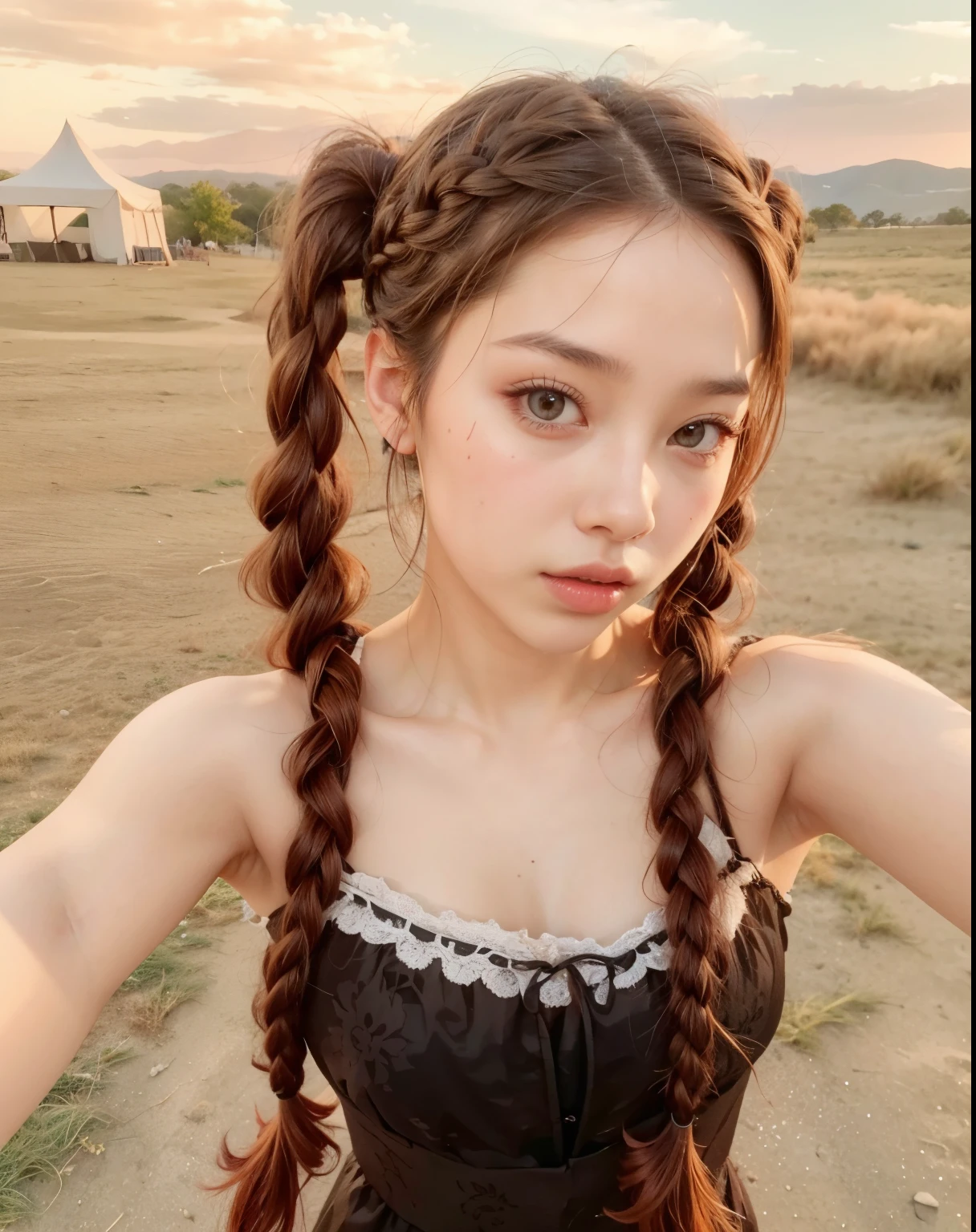 mulher arrogante com cabelos ruivos e um vestido castanho posando para uma foto, Braids hairstyle, two Braids hairstyle, Braids hair, penteado twintails, jennie blackpink, with black Braids, Ulzzang, long Braid, hair in Braids, Braid braids, Braids, jossi do blackpink, Braid, Bela Delfina