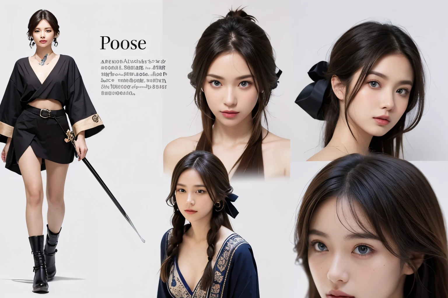 pose model sheet, blonde, blue eyes, hero pose, looking forward, best quality, masterpiece, anime girl, samurai girl