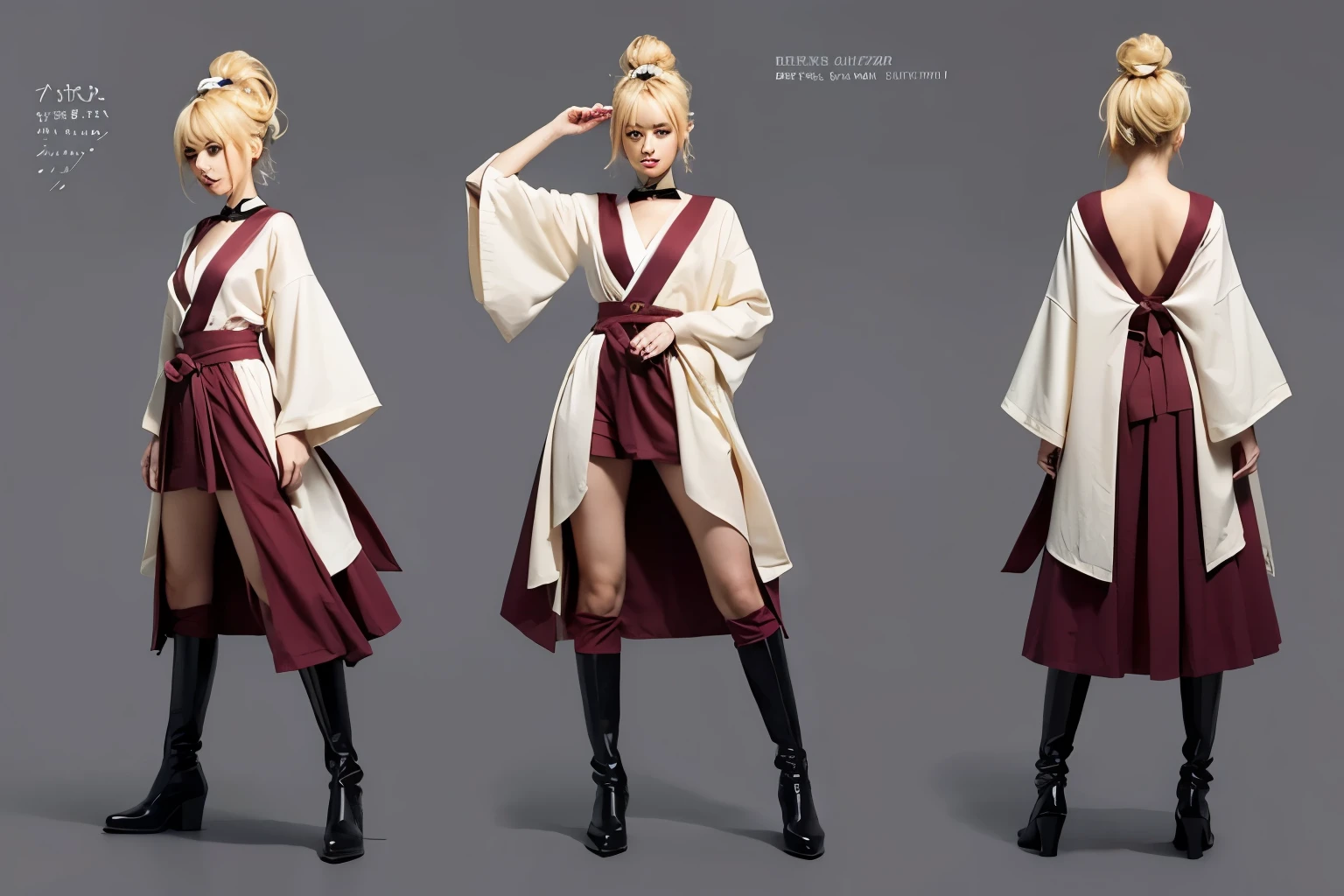 pose model sheet, blonde, blue eyes, hero pose, looking forward, best quality, masterpiece, anime girl, samurai girl