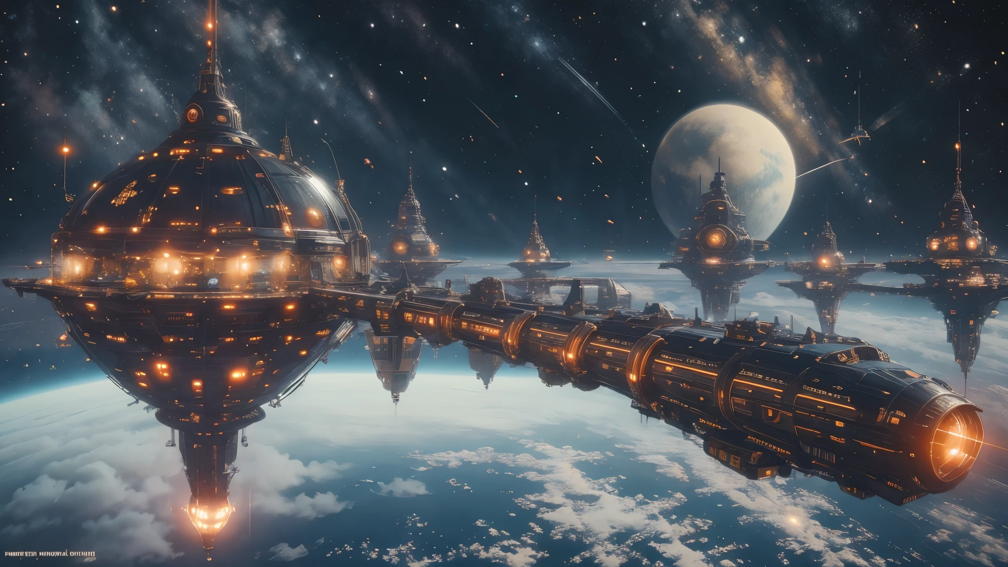 (Masterpiece, ultra detailed, hyper quality), (((wide shot))), A futuristic space station is shown in jewel tones, cinematic lighting, bright colors, in frame, ,photo r3al