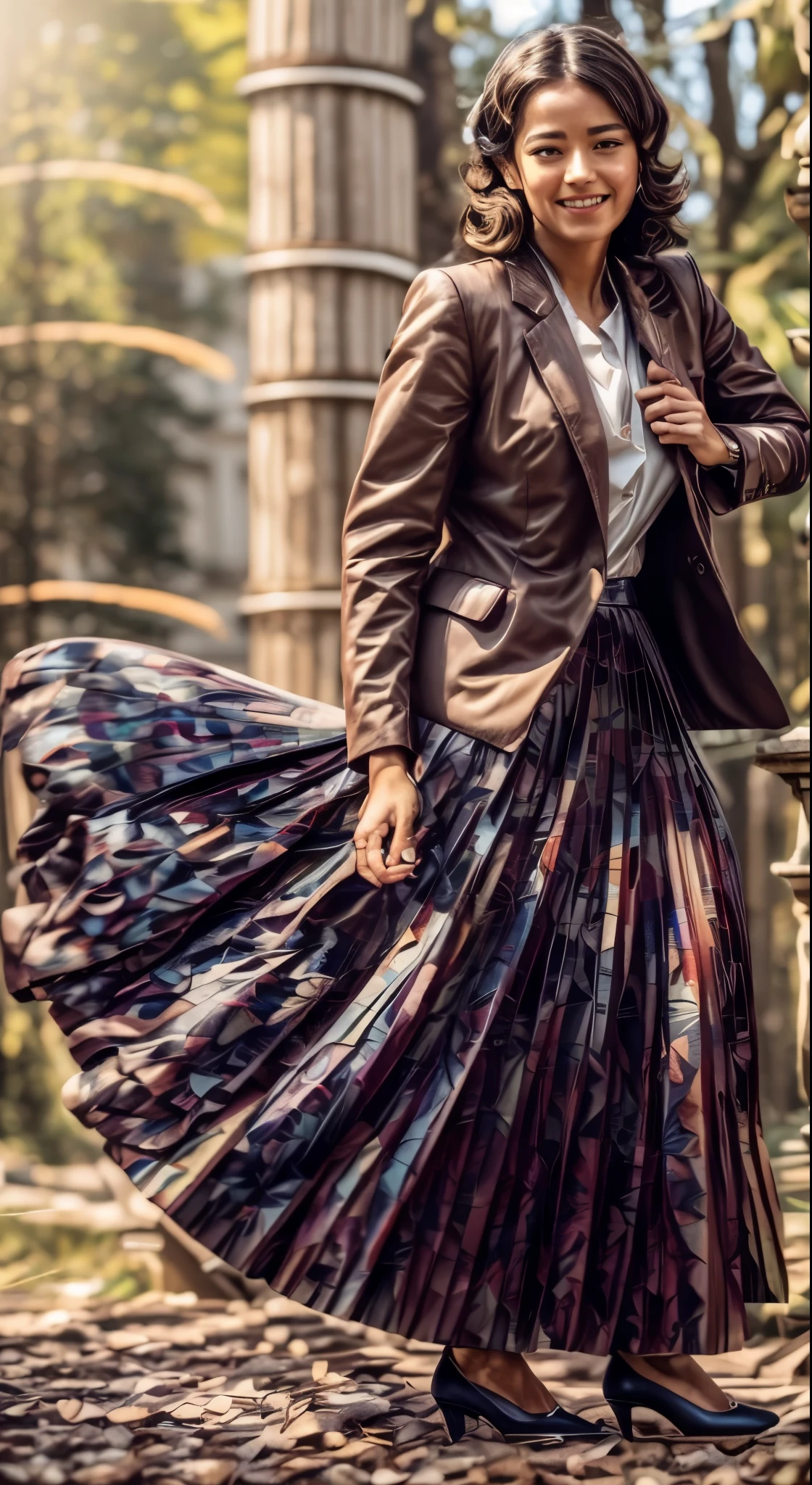 A smiling, authentic, (shy:1,3), kind, beautiful woman, is passionately in love with her skirt, sitting down on the gound while wind lifts her skirt, wearing short blazer and very very detailed (long (fully pleated) full circle skirt) and (low heeled court shoes), very very intricate hyper-detailed symmetric (attractive graceful young feminine face) with (sad, tired eyes and a loving smile), large breasts, full of empathy and compassion and love, (pronounced (feminine) features), (highly detailed ultra accurate realistic) hands and fingers, (windy), epic composition, highly detailed attributes, (35mm f1.4 Kodak portra 400 photograph), extremely high quality RAW photograph, highly detailed atmosphere, sci-fi, cinematic shot, dynamic lighting, 75mm, Technicolor, Panavision, cinemascope, sharp focus, fine details, 8k, HDR, realism, realistic, key visual, film still, superb cinematic color grading, depth of field