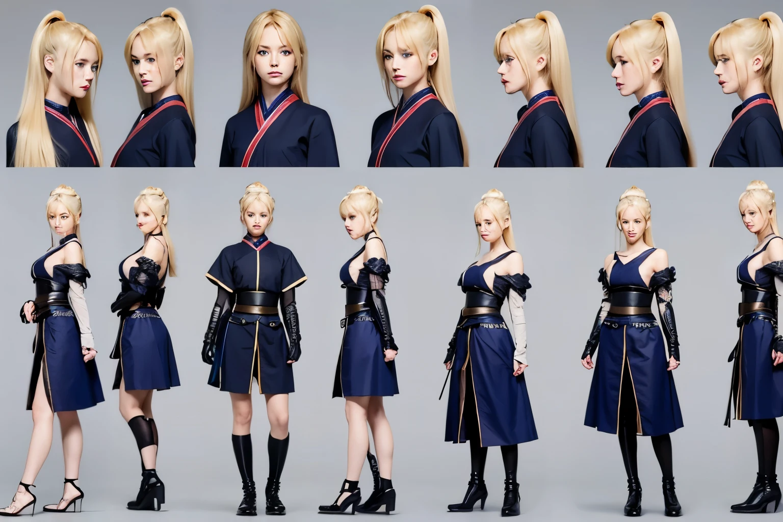pose model sheet, blonde, blue eyes, hero pose, looking forward, best quality, masterpiece, anime girl, samurai girl