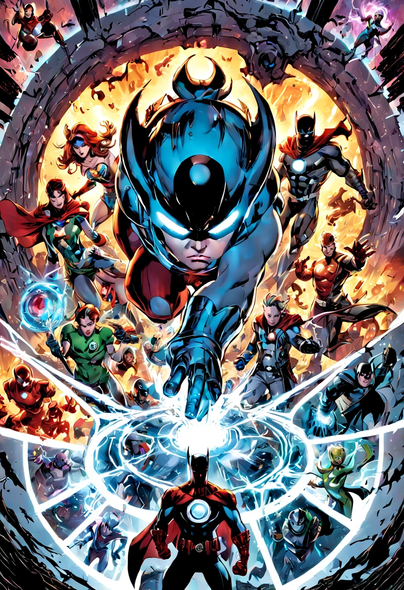 "Type of Image: Comic book cover, Subject Description: A group of heroes from various realms gathered around a mystical portal, preparing to enter another world, Art Styles: Western comic style, Art Inspirations: Art Station and Marvel Comics, Camera: wide angle lens, Shot: panoramic, Render Related Information: Quantum wavetracing, high contrast with dynamic shadows, color splash effect highlighting the portal"