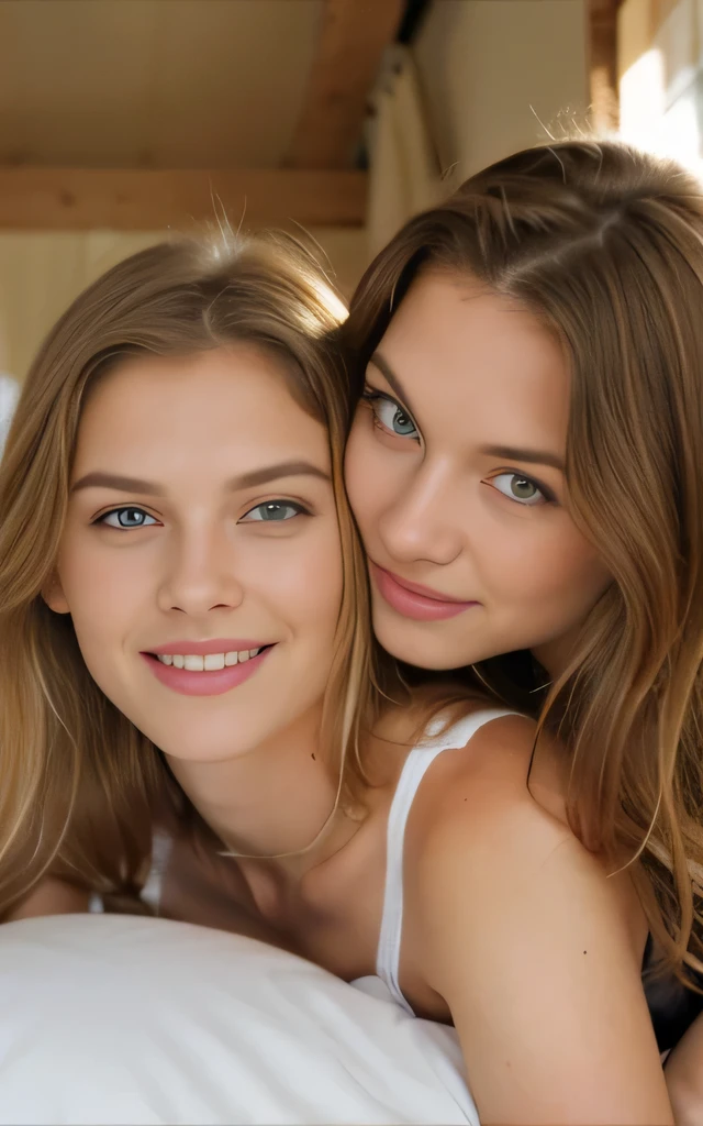2 filles, 1 fille blonde, ((cheveux blonds)), yeux bleus, 1 brune (cheveux bruns), yeux bleus. La fille brune est allongée sur le lit sur le dos, tout en établissant un contact visuel avec la photo. La fille blonde est au-dessus de la brune et lui embrasse le cou. les deux sont en lingerie. S’adapter aux corps. seins énormes, souriant, heureux, bonne humeur, sourire, tout le corps, Longues jambes, Peau parfaite, texture de peau détaillée, collants noirs