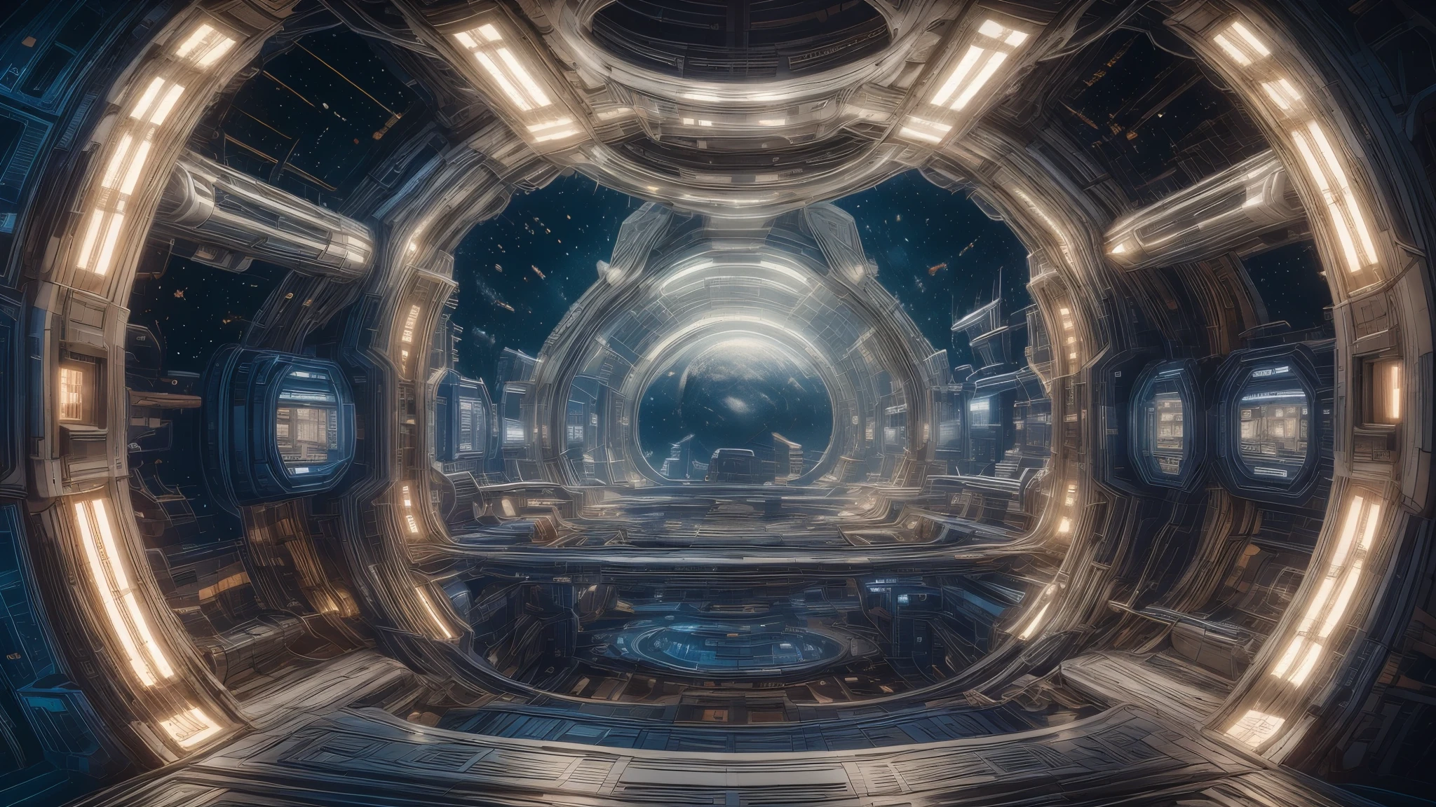 An ultra-detailed, photo-realistic:1.37, wide shot of a futuristic space station. The space station is massive and sophisticated, with sleek, metallic structures extending into the distance. The intricate details of the station's architecture and design are flawlessly captured, from its intricate patterns and textures to the reflective surfaces that catch the light. The station is bathed in cinematic lighting, which emphasizes the contours and shapes, creating a sense of depth and dimension.

The color palette is dominated by jewel tones, with rich hues of blues, purples, and emerald greens, adding a sense of opulence and luxury to the scene. The colors are vivid and vibrant, creating a captivating visual experience. The space station stands out against the dark backdrop of the cosmos, with the jewel tones adding a pop of color and contrast.

The lighting is carefully crafted to enhance the overall atmosphere of the scene. Cinematic lighting techniques are employed to create dramatic shadows and highlights, further accentuating the contours and shapes of the space station. The lighting creates a sense of depth and three-dimensionality, making the space station appear realistic and immersive.

The composition of the shot is carefully framed, capturing the entirety of the space station within the frame. The wide shot allows the viewer to appreciate the grandeur and scale of the station, while still capturing the intricate details. The composition is balanced, with the space station placed off-center to create visual interest and depth.

In summary, this ultra-detailed, photo-realistic:1.37, wide shot of a futuristic space station showcases the best quality, 4k, 8k, highres, and a masterpiece. The scene is bathed in cinematic lighting, with bright jewel tones adding a pop of color and vibrancy. The space station stands out against the dark cosmos backdrop, and its intricate details are flawlessly captured. This prompt will generate a high-quality, visually stunning image of a futuristic space station.