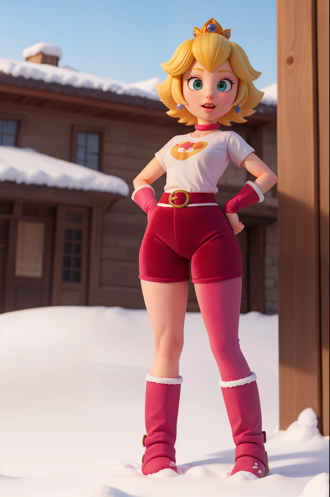 princess peach,short yellow hair,velvet stockings,velvet t-shirt,thick thighs, thin hips,in the outdoor,standing,focus crotch,snow boots

