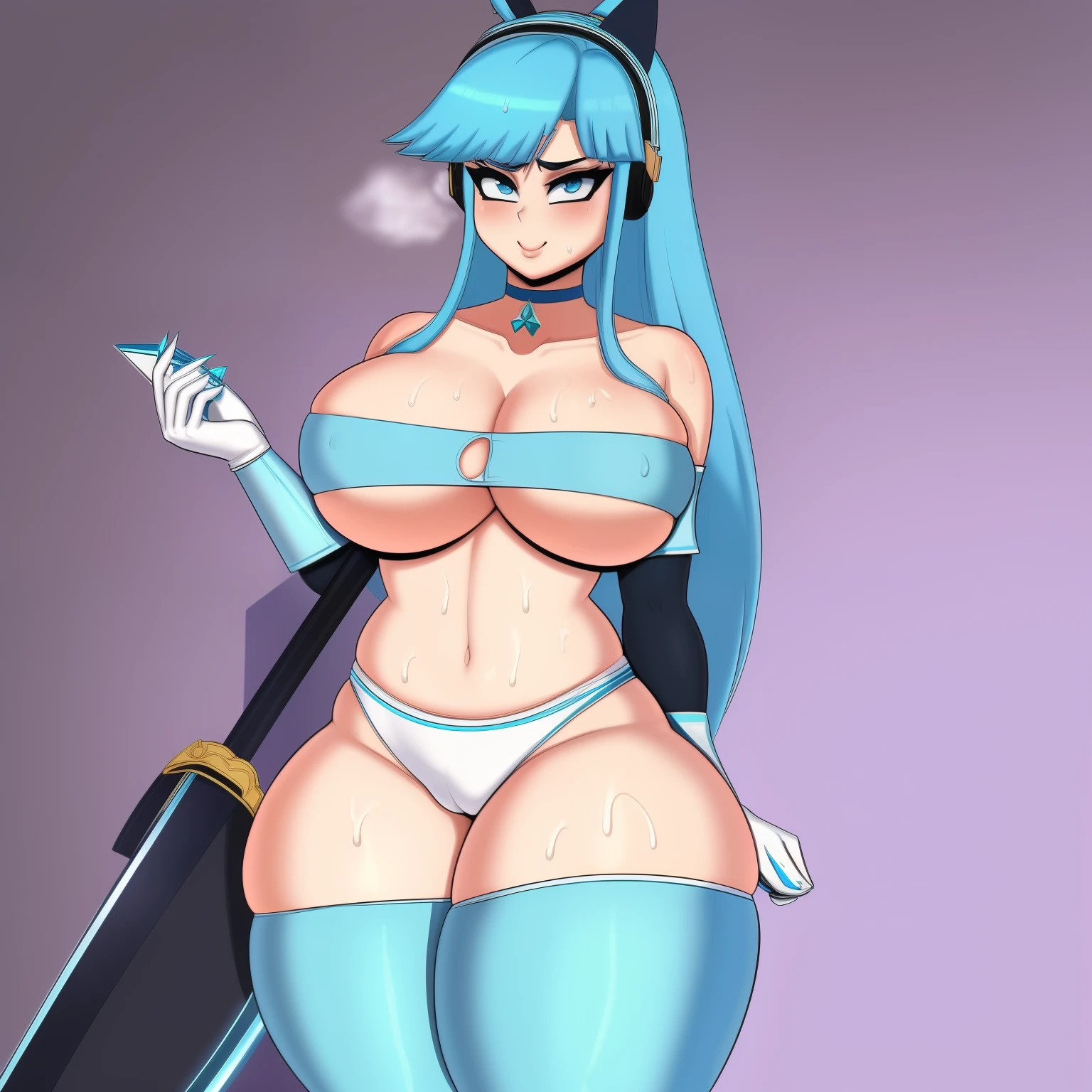 (masterpiece, best quality:1.3), DrunkAvocado, 1girl, solo, looking at viewer, seductive smile, wide hips, large breasts, cowboy shot, young female, thick thighs, thighhighs, animal ears, mismatched legwear, cleavage, long hair, navel, fake animal ears, choker, black choker, asymmetrical legwear, blue eyes, black skirt, swept bangs, headphones, blue hair, animal ear headphones, bare shoulders, gradient hair, midriff, strapless, collarbone, bridal gauntlets, hand on own chest, gloves, nail polish, miniskirt, pleated skirt, blue thighhighs, blush, sweating anime character with sword and armor in a green background, blue and ice silver color armor, sliver ice color reflected armor, full portrait of magical knight, a human female paladin, pale blue armor, ice crystal armor,