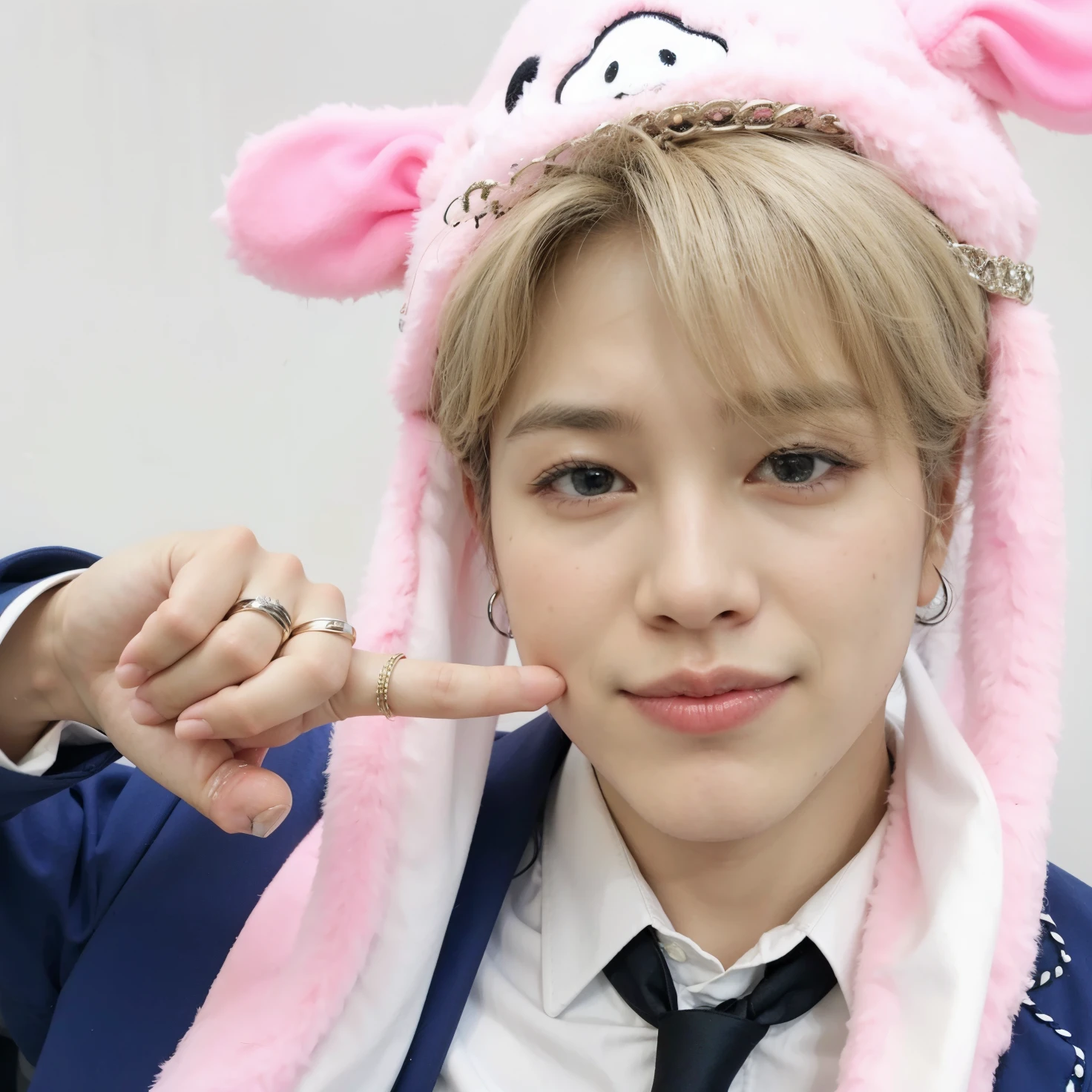 Araffe wearing a pink hat and tie pointing at the camera, Jimin, park Jimin, accurate Jimin face, Jimin\the full lips, Jimin\o nariz grego, Jimin\the right eyelid is swollen, rostinho fofo, androgynous faces , jimin hyung, adorable and pale korean face, bt 2 1, bts