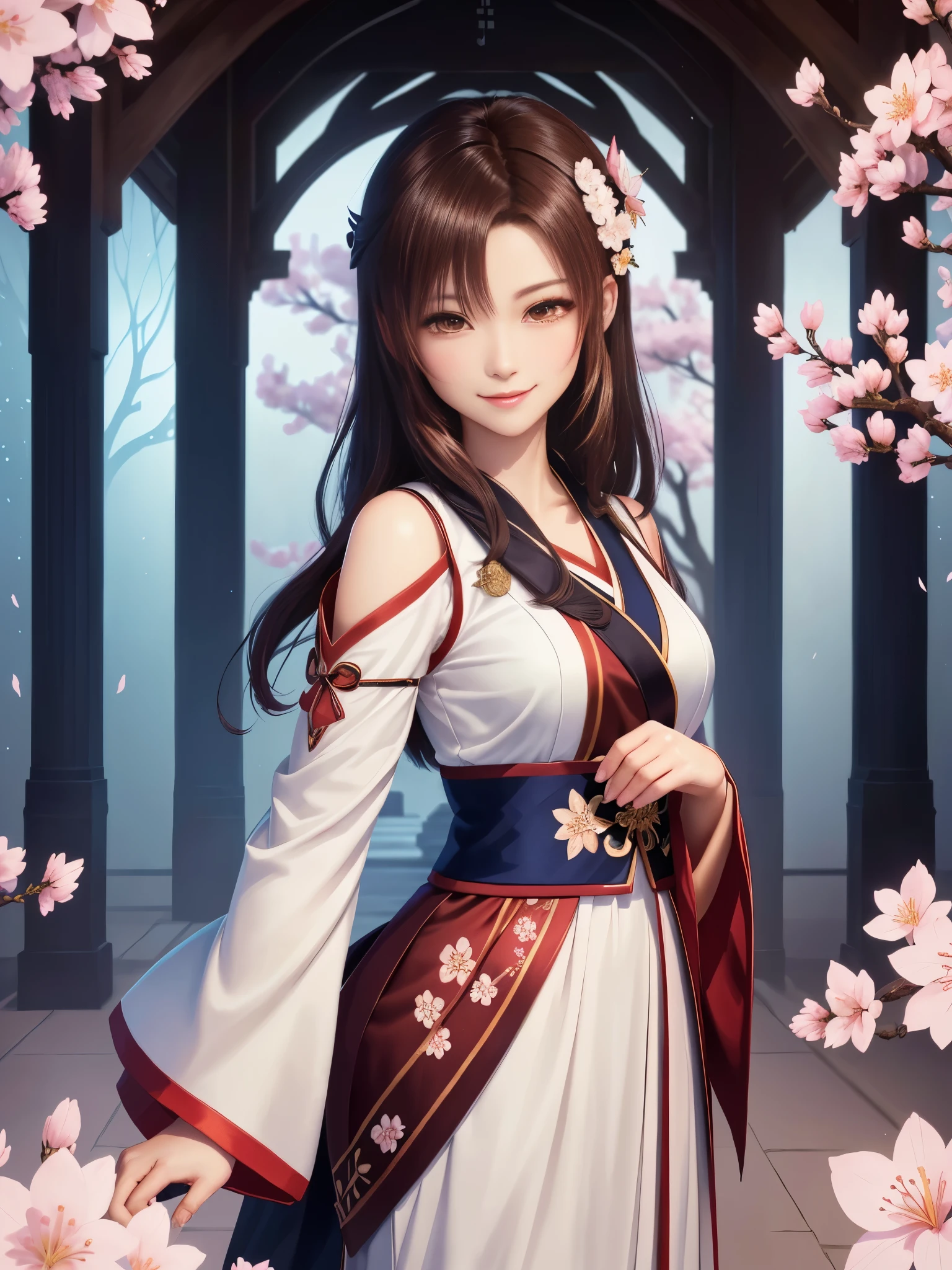 masterpiece , best quality,close up of face,smile,the whole body is facing forward,bright brown hair,slender body shape,brown eyes,sharp contrast,short hair,美しいフォルムのshort hair,just one person,precision quality,Faithfully reproduced eyes, 一面に咲くcherry blossom background,masterpiece, 幻想的なcherry blossom background,cherry blossom background,beautiful details, colorful, delicate details, delicate lips, intricate details, genuine, ultrargenuineista, 枝に座っている色とりどりの髪のFoxを持つ女の子:Mature, bright eyes, ,色とりどりのFox, raposa de nine tails, 三尾Fox, 三尾Fox, onmyoji detail art, beautiful fine art illustration, mythical creatures, Fox, beautiful digital art,shrine maiden,hold hands,exquisite digital illustration, mizutsune, Inspired by mythical wild web creatures, pixiv in digital art, shining light, high contrast, Mysterious,