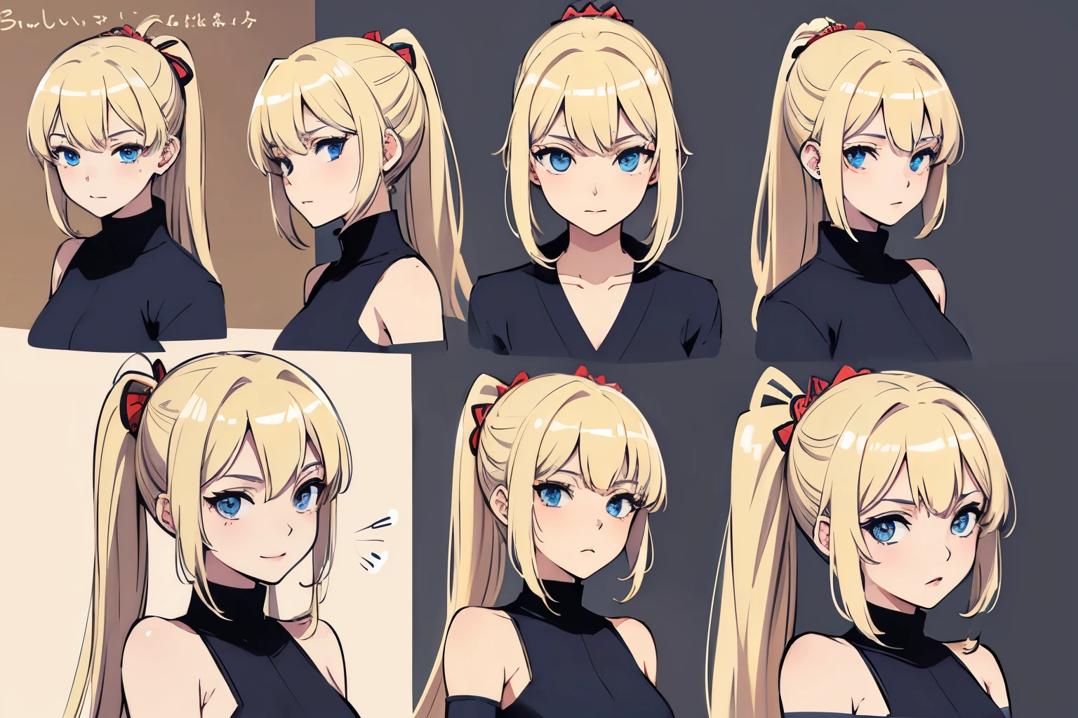 pose model sheet, blonde, blue eyes, hero pose, looking forward, best quality, masterpiece, anime girl, samurai girl