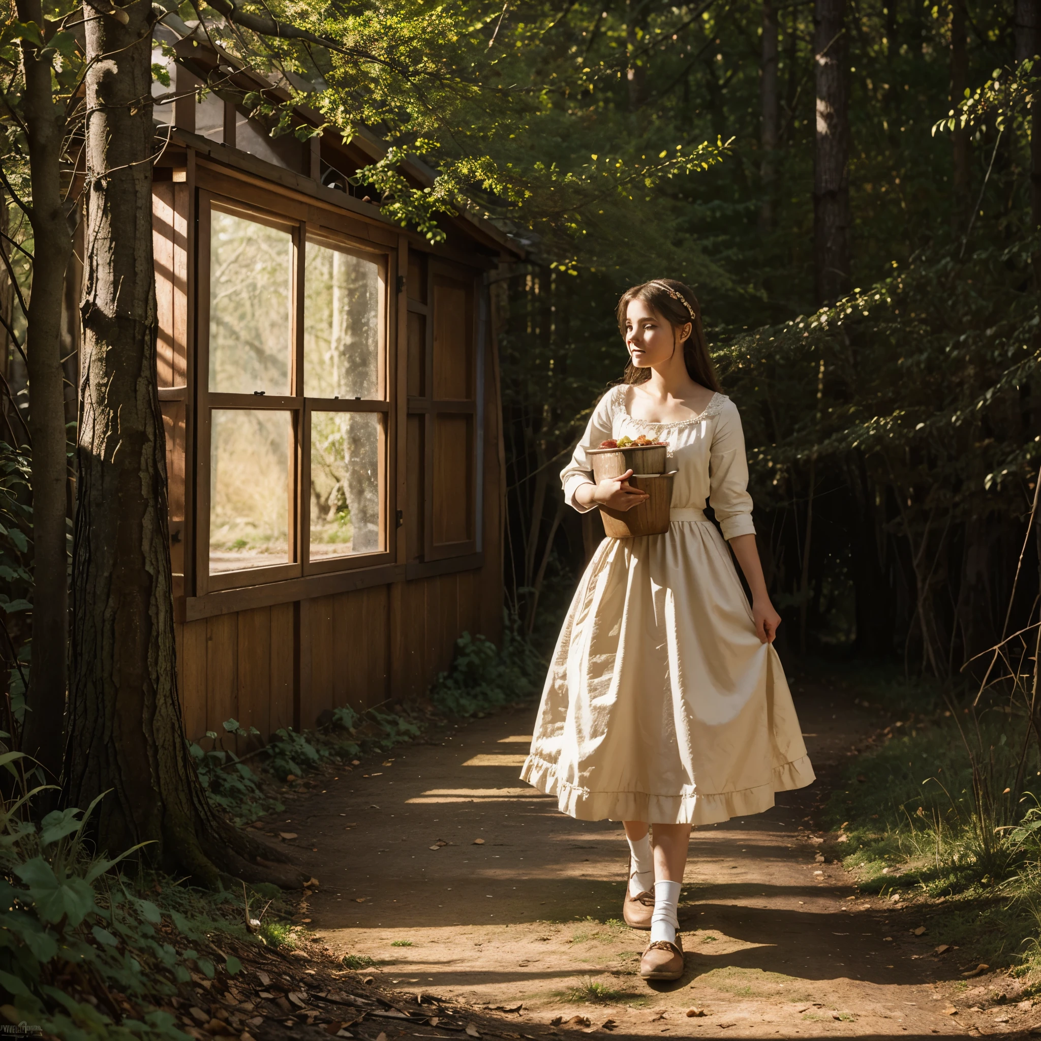 Illustration for a fairy tale about a girl, who was carrying pies to her grandmother and met a wolf in the forest