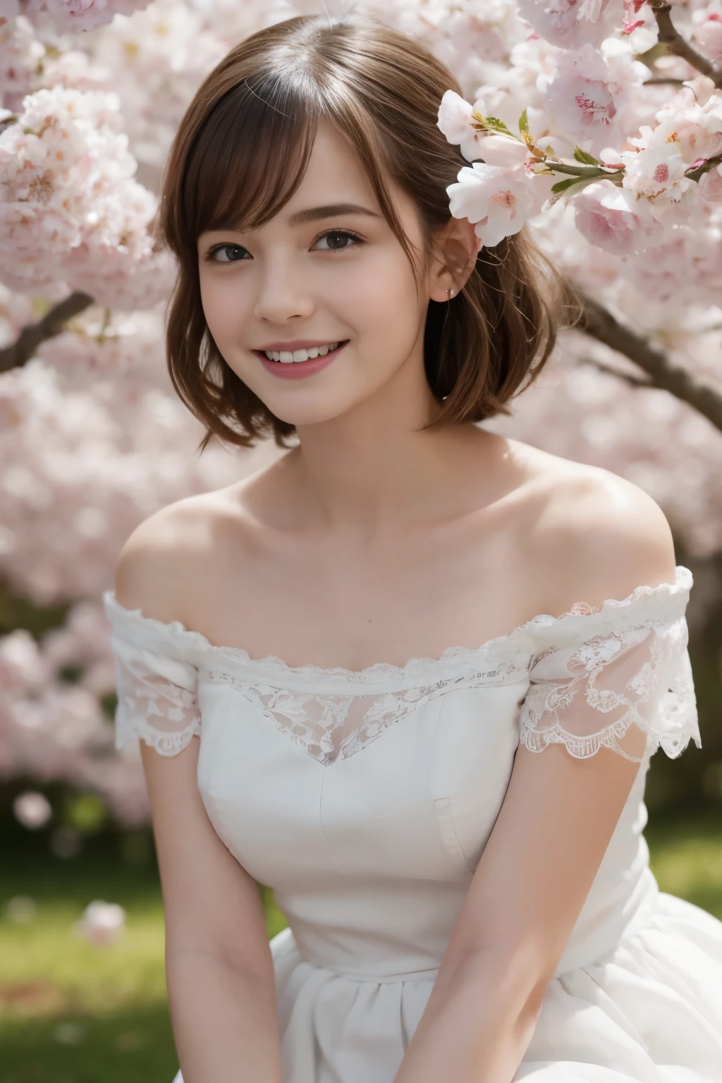 Masterpiece, Best quality, 8k, 18 ans, Photo brute, absurdes, Award-winning portrait, sourire, sourire, pure, french, elegant vibrant pink dress, spring, orchard in bloom, laces, famous singer, cute, sitting