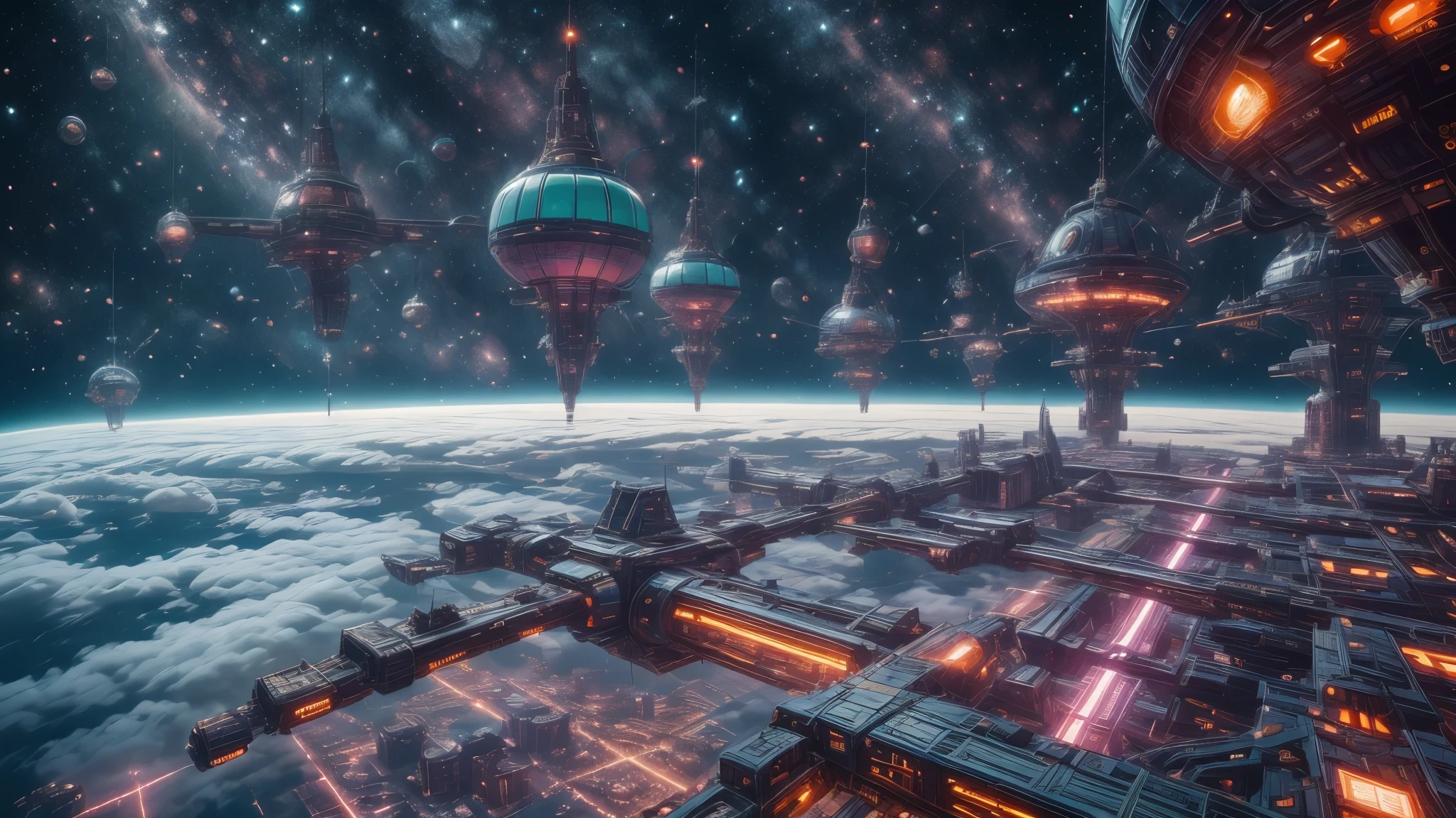 An ultra-detailed, photo-realistic:1.37, wide shot of a futuristic space station. The space station is massive and sophisticated, with sleek, metallic structures extending into the distance. The intricate details of the station's architecture and design are flawlessly captured, from its intricate patterns and textures to the reflective surfaces that catch the light. The station is bathed in cinematic lighting, which emphasizes the contours and shapes, creating a sense of depth and dimension. The color palette is dominated by jewel tones, with rich hues of blues, purples, and emerald greens, adding a sense of opulence and luxury to the scene. The colors are vivid and vibrant, creating a captivating visual experience. The space station stands out against the dark backdrop of the cosmos, with the jewel tones adding a pop of color and contrast. The lighting is carefully crafted to enhance the overall atmosphere of the scene. Cinematic lighting techniques are employed to create dramatic shadows and highlights, further accentuating the contours and shapes of the space station. The lighting creates a sense of depth and three-dimensionality, making the space station appear realistic and immersive. The composition of the shot is carefully framed, capturing the entirety of the space station within the frame. The wide shot allows the viewer to appreciate the grandeur and scale of the station, while still capturing the intricate details. The composition is balanced, with the space station placed off-center to create visual interest and depth. In summary, this ultra-detailed, photo-realistic:1.37, wide shot of a futuristic space station showcases the best quality, 4k, 8k, highres, and a masterpiece. The scene is bathed in cinematic lighting, with bright jewel tones adding a pop of color and vibrancy. The space station stands out against the dark cosmos backdrop, and its intricate details are flawlessly captured. This prompt will generate a high-quality, visually stunning image o