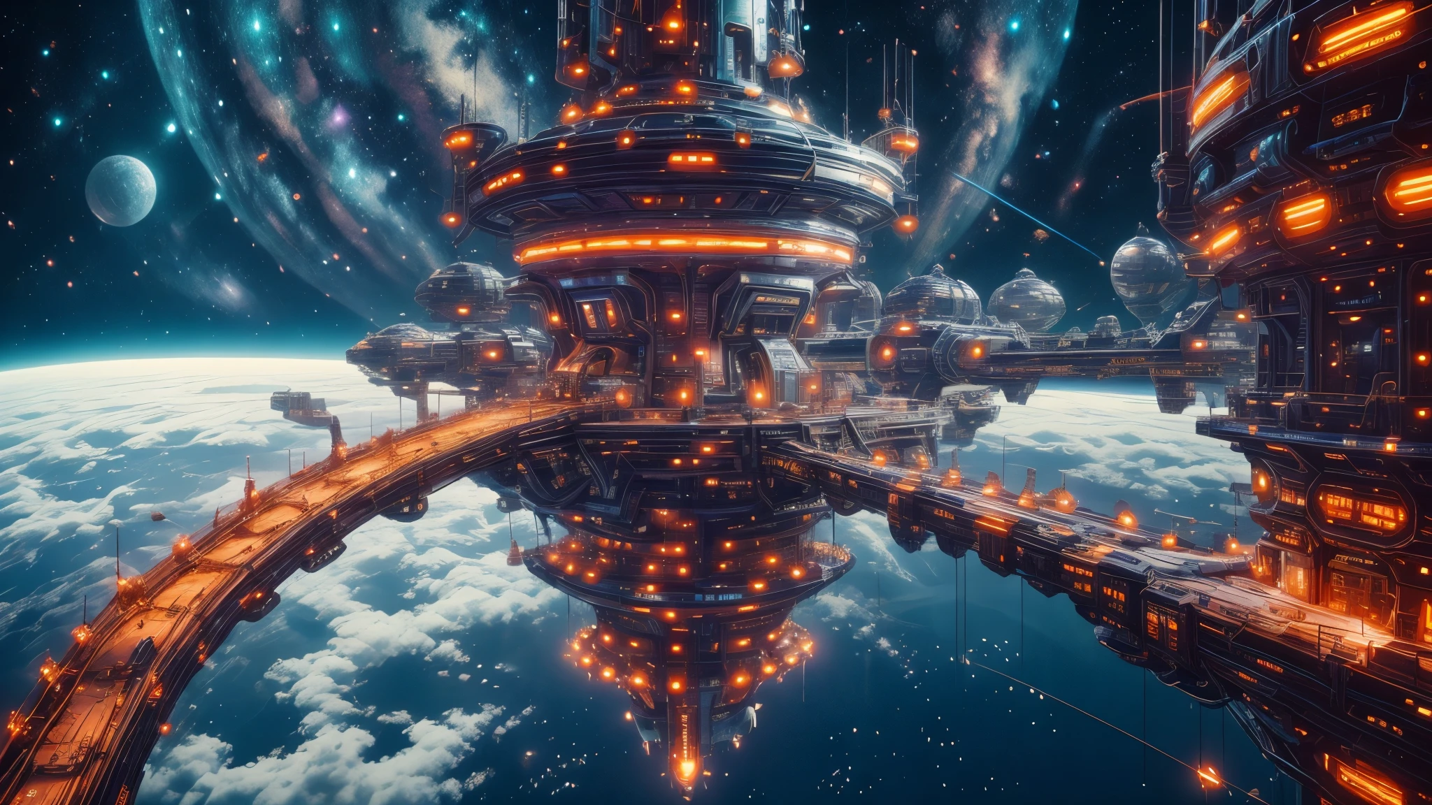 An ultra-detailed, photo-realistic:1.37, wide shot of a futuristic space station. The space station is massive and sophisticated, with sleek, metallic structures extending into the distance. The intricate details of the station's architecture and design are flawlessly captured, from its intricate patterns and textures to the reflective surfaces that catch the light. The station is bathed in cinematic lighting, which emphasizes the contours and shapes, creating a sense of depth and dimension. The color palette is dominated by jewel tones, with rich hues of blues, purples, and emerald greens, adding a sense of opulence and luxury to the scene. The colors are vivid and vibrant, creating a captivating visual experience. The space station stands out against the dark backdrop of the cosmos, with the jewel tones adding a pop of color and contrast. The lighting is carefully crafted to enhance the overall atmosphere of the scene. Cinematic lighting techniques are employed to create dramatic shadows and highlights, further accentuating the contours and shapes of the space station. The lighting creates a sense of depth and three-dimensionality, making the space station appear realistic and immersive. The composition of the shot is carefully framed, capturing the entirety of the space station within the frame. The wide shot allows the viewer to appreciate the grandeur and scale of the station, while still capturing the intricate details. The composition is balanced, with the space station placed off-center to create visual interest and depth. In summary, this ultra-detailed, photo-realistic:1.37, wide shot of a futuristic space station showcases the best quality, 4k, 8k, highres, and a masterpiece. The scene is bathed in cinematic lighting, with bright jewel tones adding a pop of color and vibrancy. The space station stands out against the dark cosmos backdrop, and its intricate details are flawlessly captured. This prompt will generate a high-quality, visually stunning image o