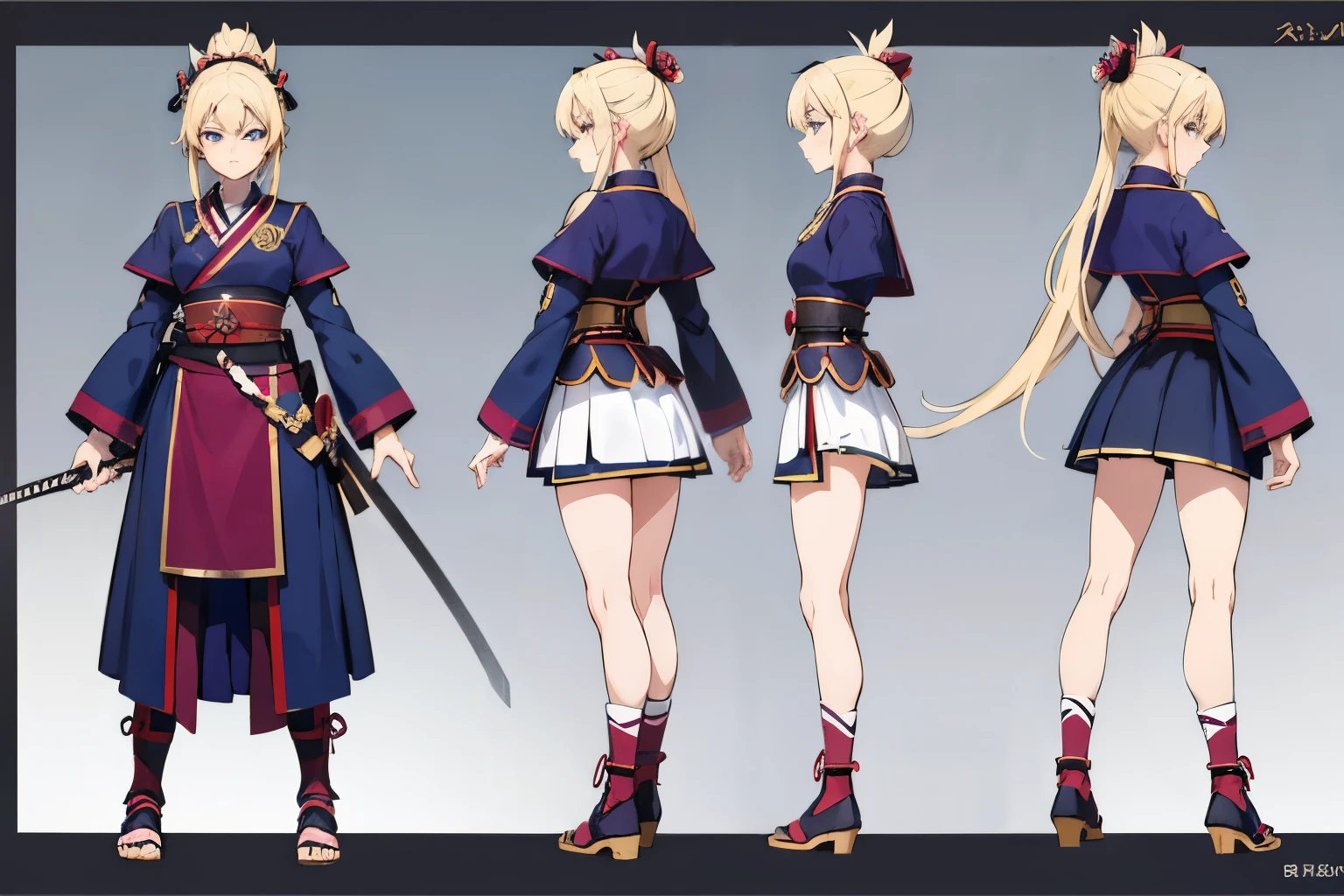 pose model sheet, blonde, blue eyes, hero pose, looking forward, best quality, masterpiece, anime girl, samurai girl