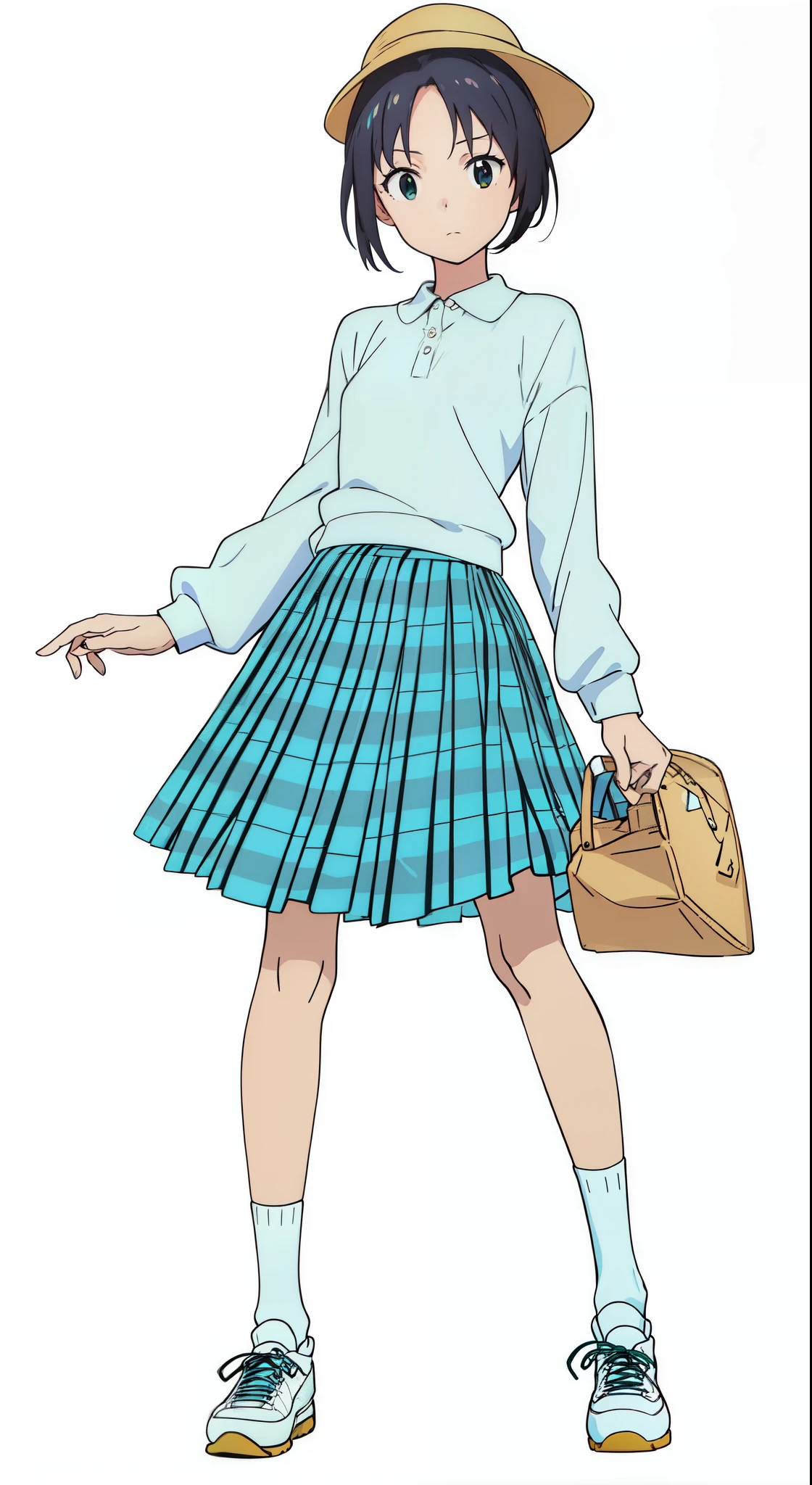 (white background:1.0), (best quality:1.0), (masterpiece:1.0), (super fine illustration:1.0), (beautiful artwork:1.0), (anime screencap:1.0), (official art:1.0), (full body:1.0), (solo:1.0), (ESGA:1.0), (a 12yo cute girl:1.0), (yellow hat:1.25), (red backpack:1.0), (long skirt:1.0), (green tartan skirt:1.0), (pleated skirt:1.0), (aqua blue polo shirt:1.0), (long sleeve polo shirt:1.0), (sneakers:1.0), (white socks:1.25), (ideal ratio body proportions:1.25), (lanky:1.25), (tall:1.25), (slender:1.25), (small breasts:1.25), (smaller face:1.25), (tareme:1.0), (detailed beautiful eyes:1.0), (detailed beautiful face:1.0), (glowing black eyes:1.0), (short hair:1.0), (low twintails:1.0), (black hair:1.0), (looking at viewer:1.0)