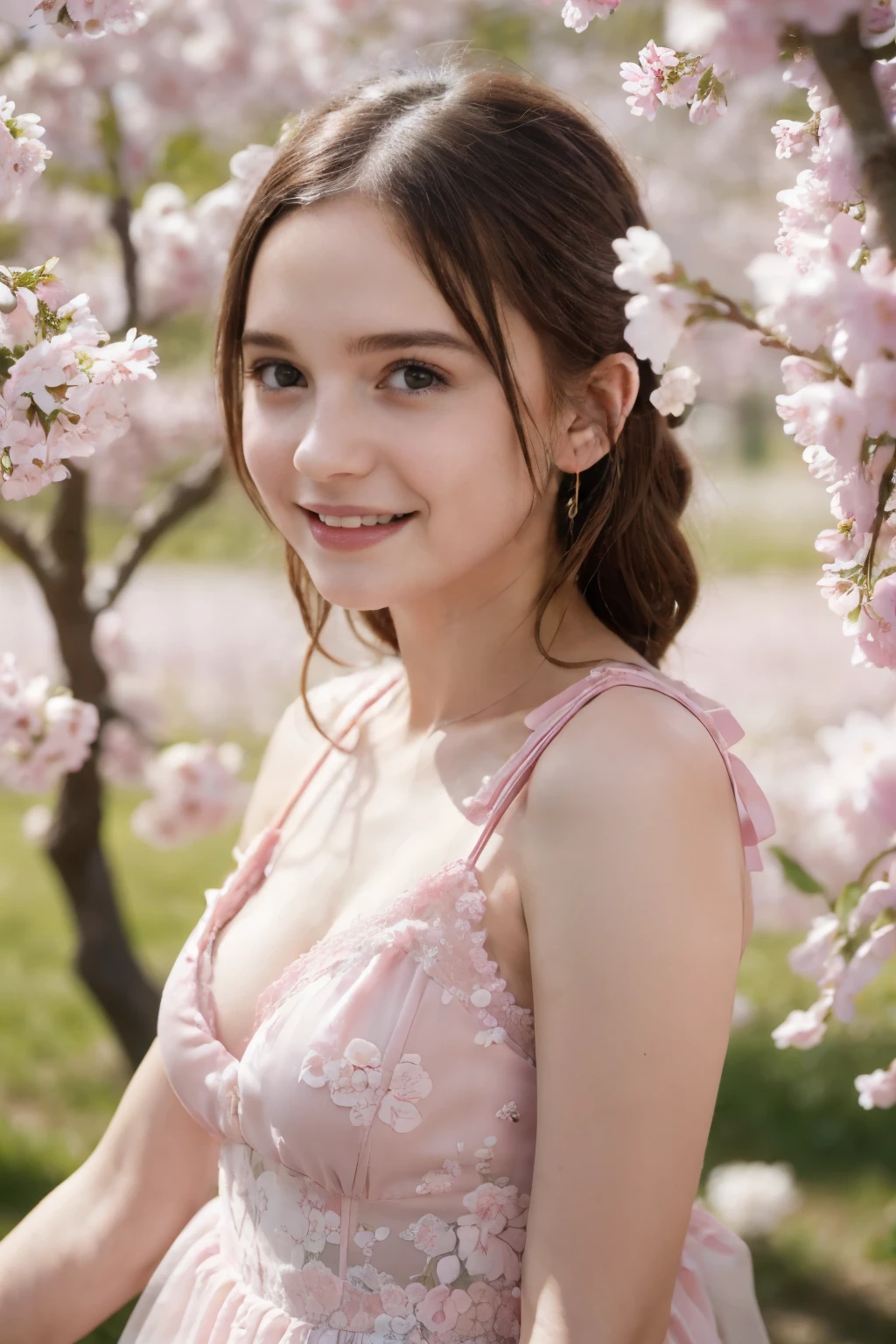 Masterpiece, Best quality, 8k, 18 ans, Photo brute, absurdes, Award-winning portrait, sourire, sourire, pure, french, elegant vibrant pink dress, spring, orchard in bloom, laces, famous singer, cute