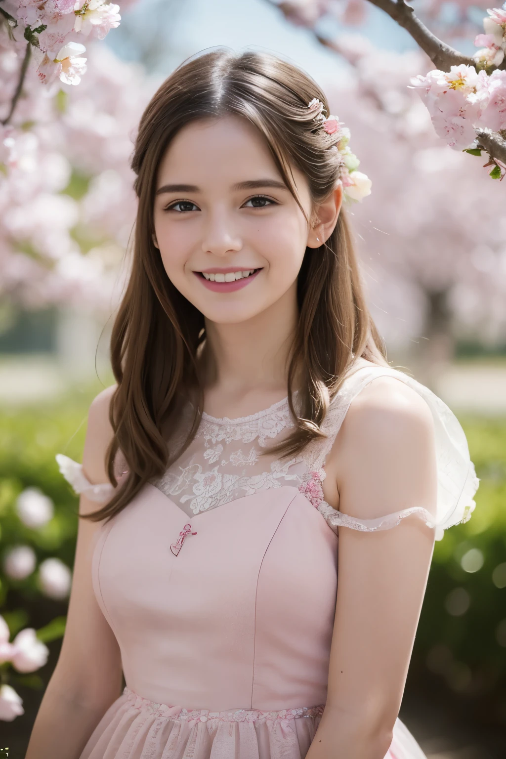 Masterpiece, Best quality, 8k, 18 ans, Photo brute, absurdes, Award-winning portrait, sourire, sourire, pure, french, elegant vibrant pink dress, spring, orchard in bloom, laces, famous singer, cute