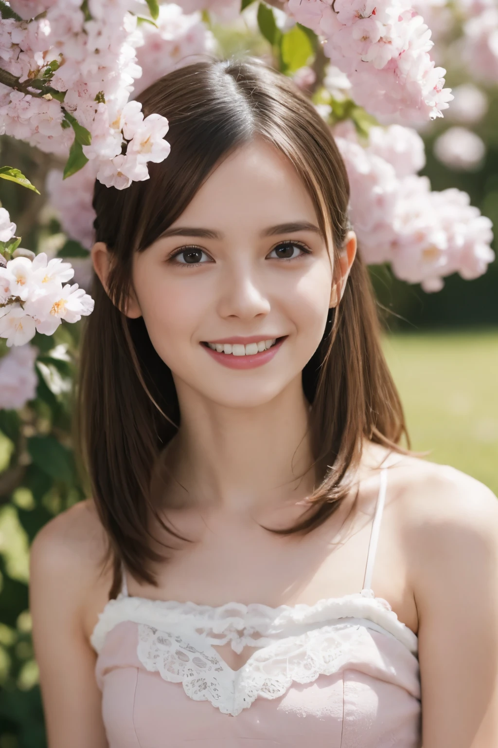 Masterpiece, Best quality, 8k, 18 ans, Photo brute, absurdes, Award-winning portrait, sourire, sourire, pure, french, elegant vibrant pink dress, spring, orchard in bloom, laces, famous singer, cute
