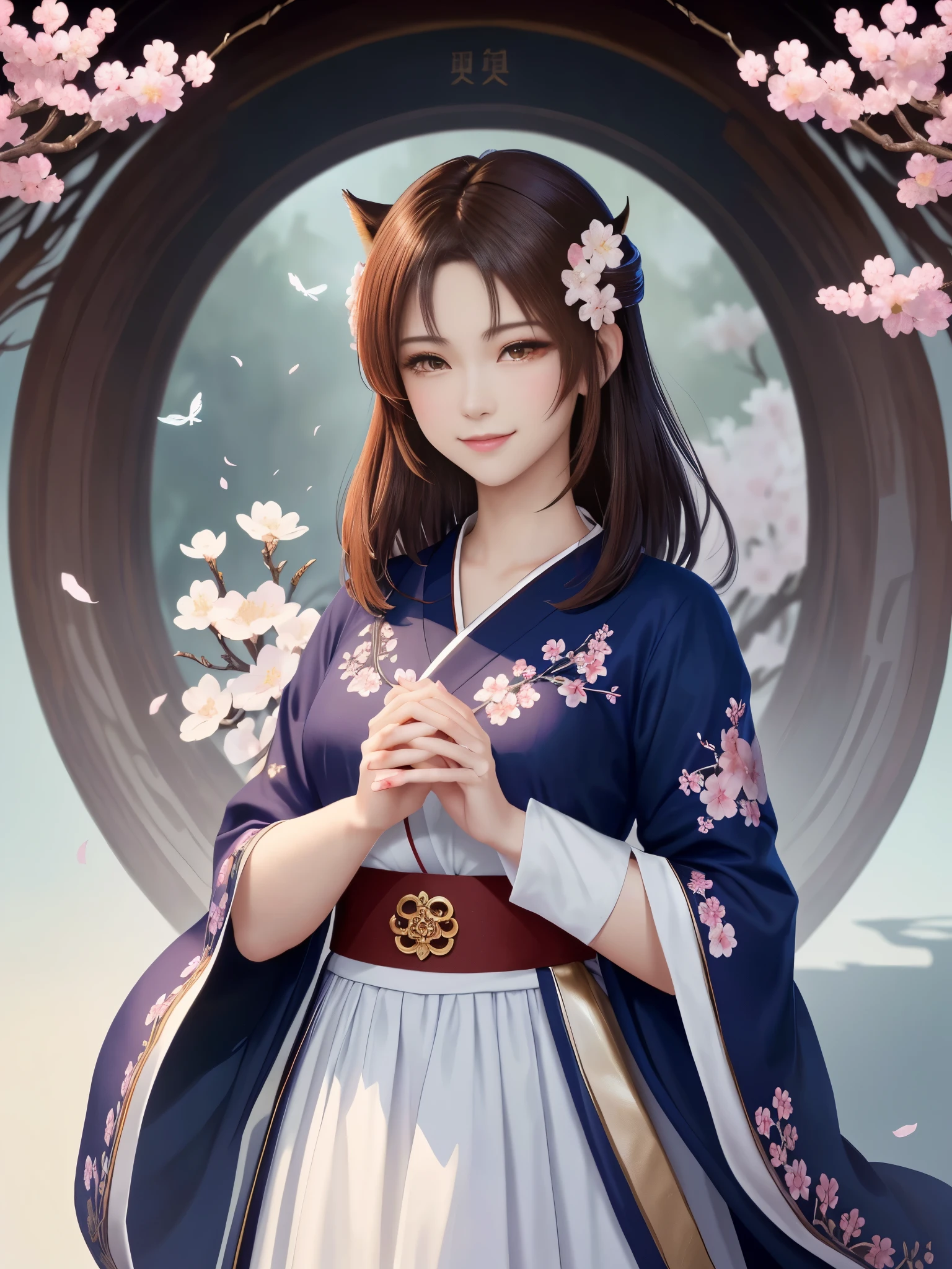 masterpiece , best quality,close up of face,smile,the whole body is facing forward,bright brown hair,slender body shape,brown eyes,sharp contrast,short hair,美しいフォルムのshort hair,just one person,precision quality,Faithfully reproduced eyes, 一面に咲くcherry blossom background,masterpiece, 幻想的なcherry blossom background,cherry blossom background,beautiful details, colorful, delicate details, delicate lips, intricate details, genuine, ultrargenuineista, 枝に座っている色とりどりの髪のFoxを持つ女の子:Mature, bright eyes, ,色とりどりのFox, raposa de nine tails, 三尾Fox, 三尾Fox, onmyoji detail art, beautiful fine art illustration, mythical creatures, Fox, beautiful digital art,shrine maiden,hold hands,exquisite digital illustration, mizutsune, Inspired by mythical wild web creatures, pixiv in digital art, shining light, high contrast, Mysterious,