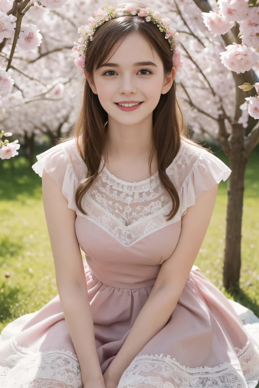 Masterpiece, Best quality, 8k, 18 ans, Photo brute, absurdes, Award-winning portrait, sourire, sourire, pure, french, elegant vibrant pink dress, spring, orchard in bloom, laces, famous singer, cute, sitting