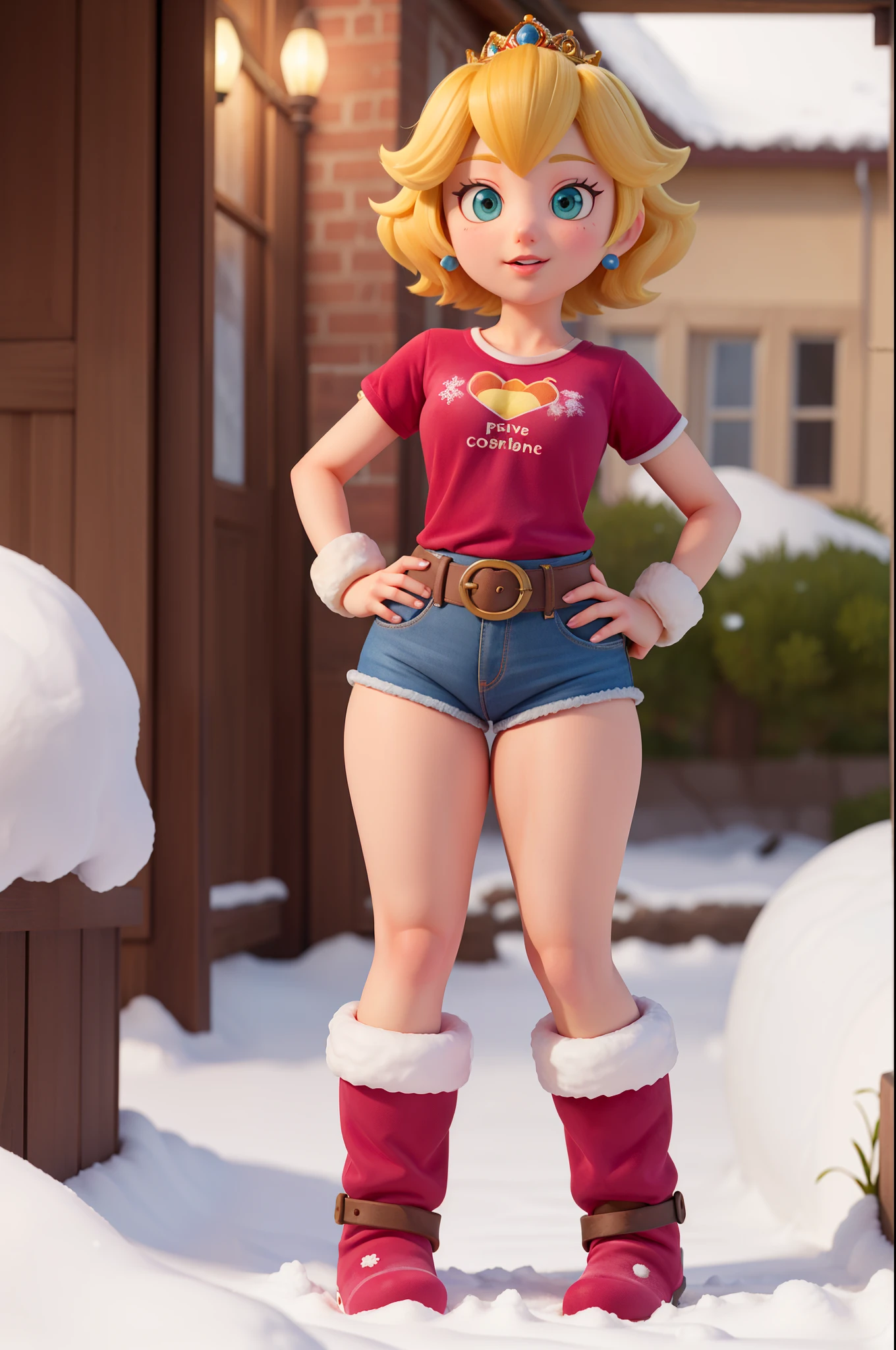 princess peach,short yellow hair,velvet short,velvet t-shirt,thick thighs, thin hips,in the outdoor,standing,focus front crotch,snow boots